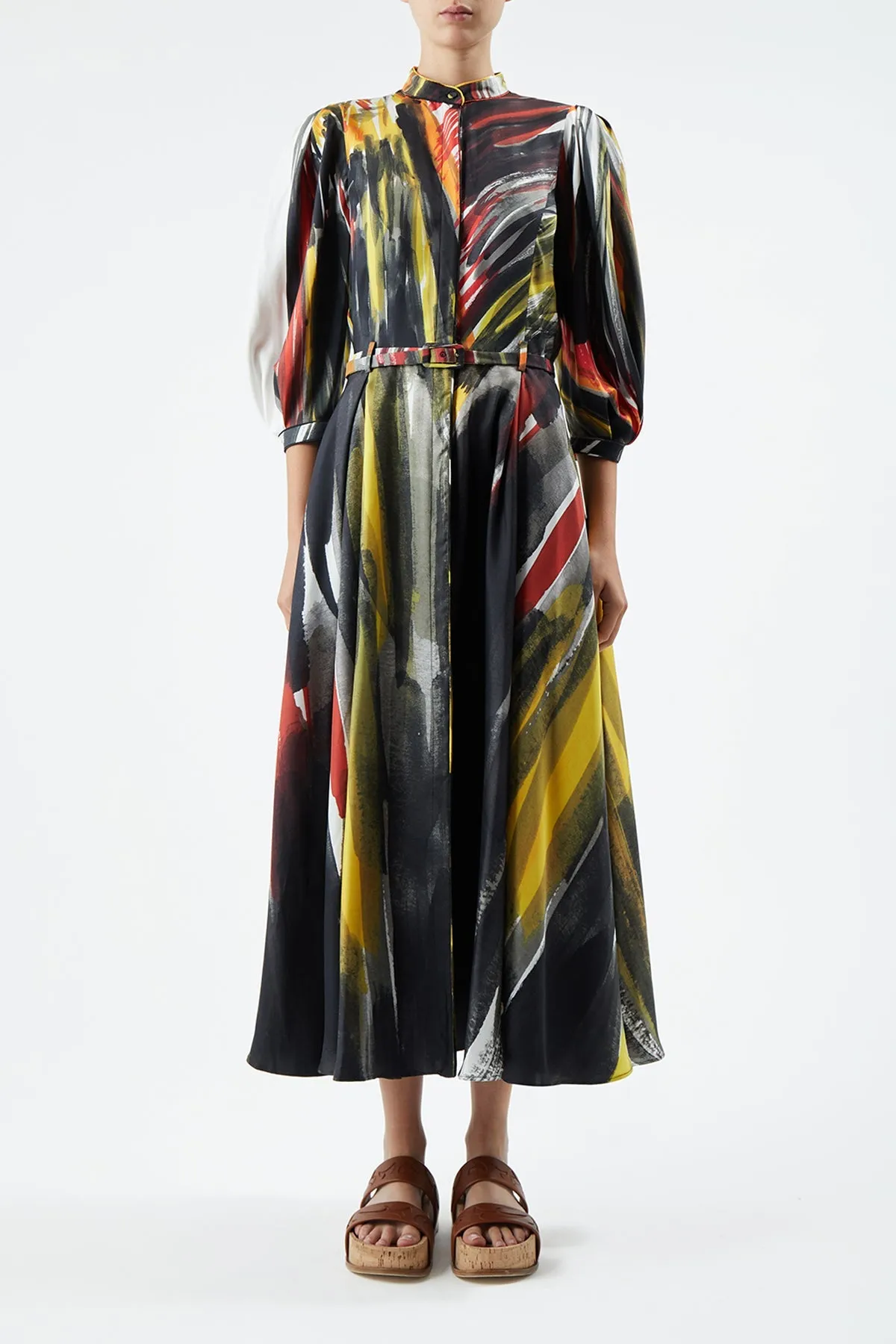 hypoallergenic Daytime Look Dexter Pleated Shirtdress in Multi Printed Silk