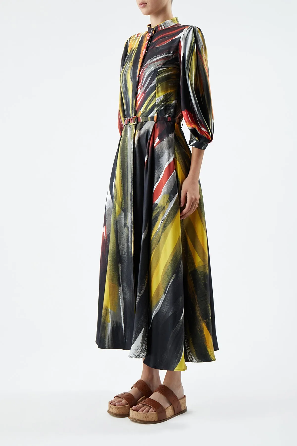 Dexter Pleated Shirtdress in Multi Printed Silk Pastel-Tone Waist Seam