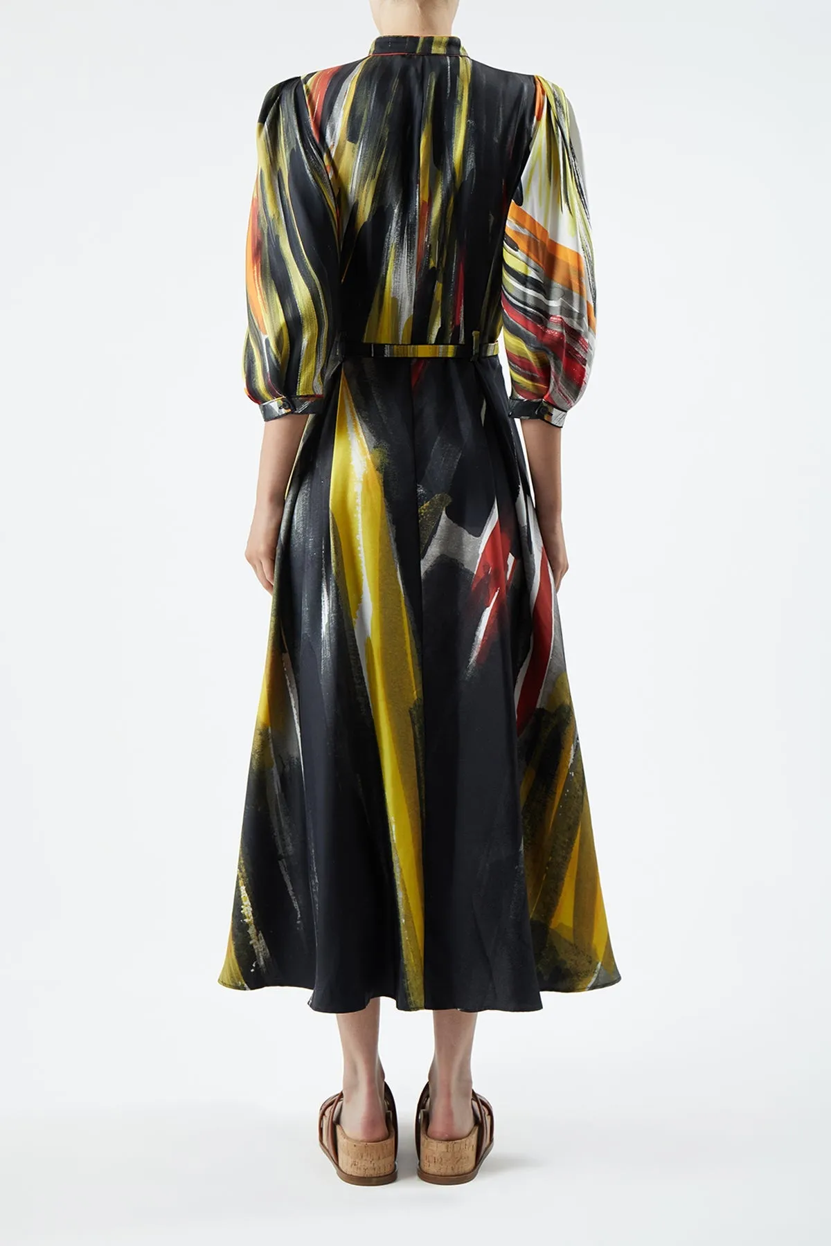 Sage Detail Sharp Edge Dexter Pleated Shirtdress in Multi Printed Silk