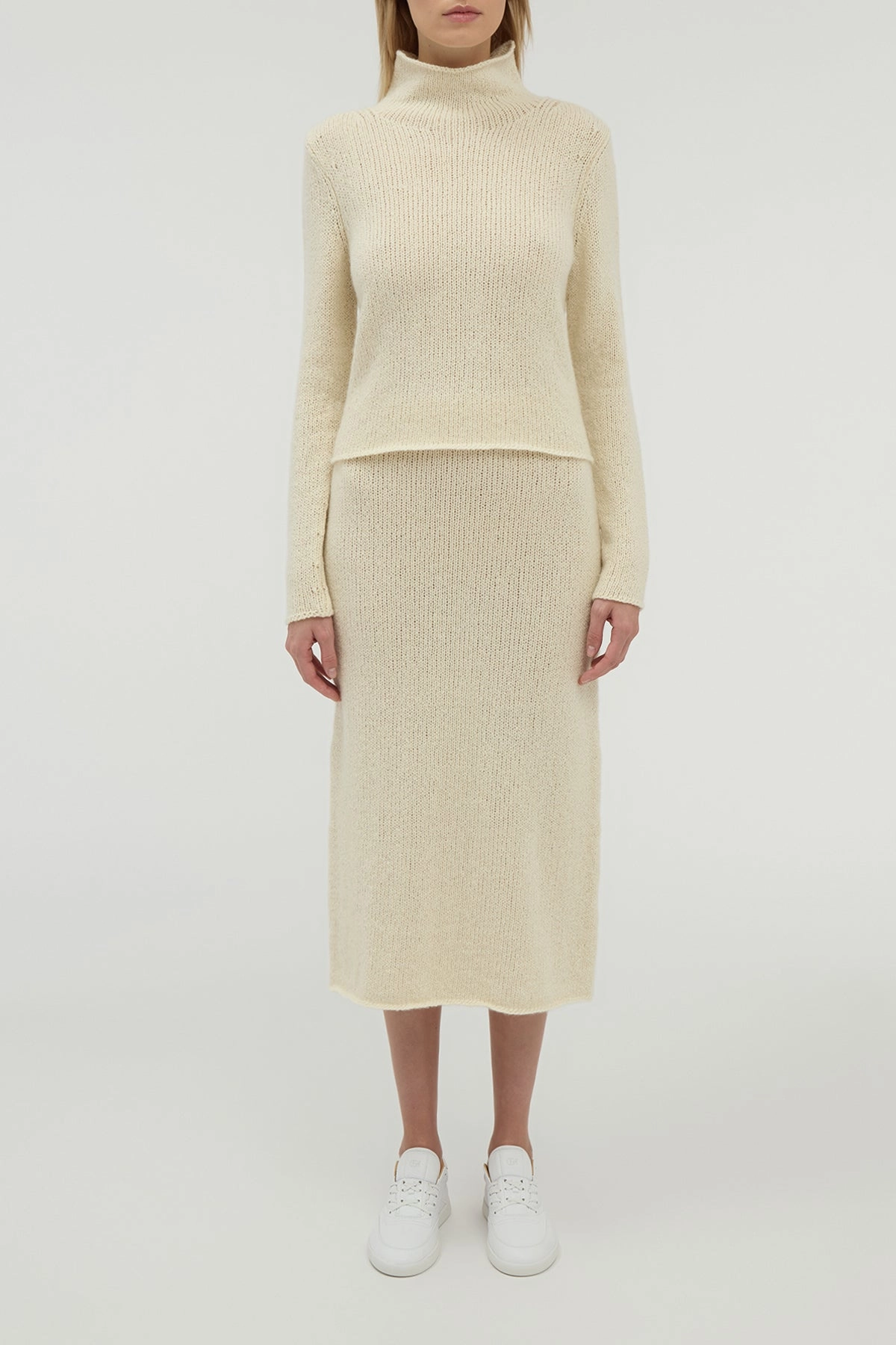 Dorcas Knit Midi Skirt in Ivory Cashmere Adjustable Ties Seamless Edging