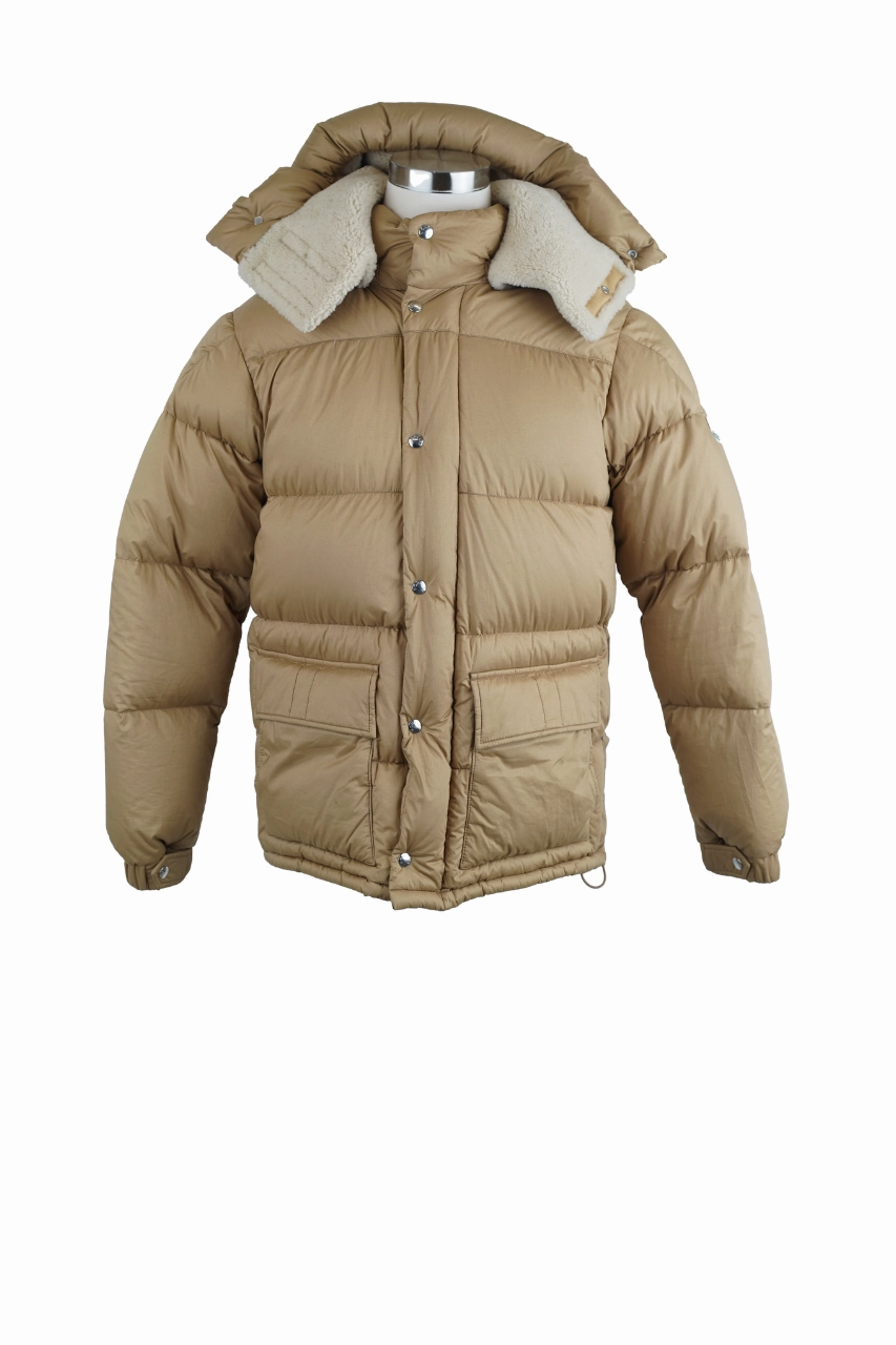Down Filled Puffer Jacket w/ Removable Shearling Hood Adjustable Detachable Hood Four Way Stretch Material