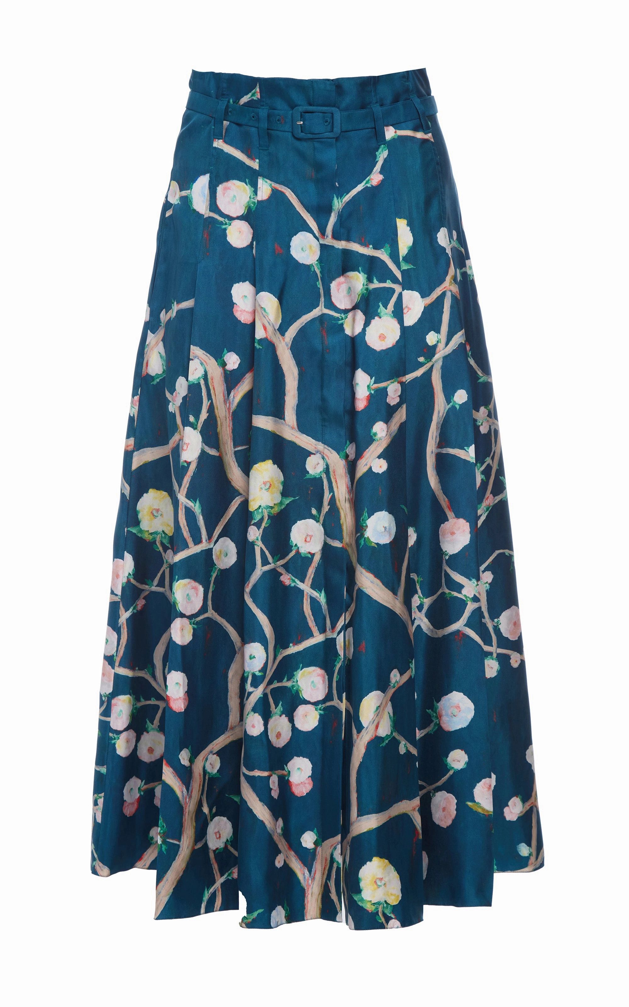 Dugald Pleated Midi Skirt in Blue Multi Printed Silk Twill Chic Fit Performance Wear