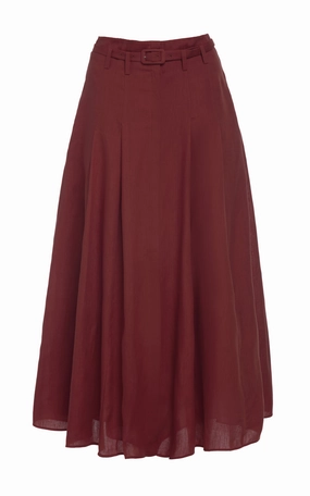 Essential Style Fashion Tones Dugald Pleated Midi Skirt in Burnt Sienna Aloe Linen