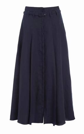 Style Essential Dugald Pleated Midi Skirt in Navy Aloe Linen
