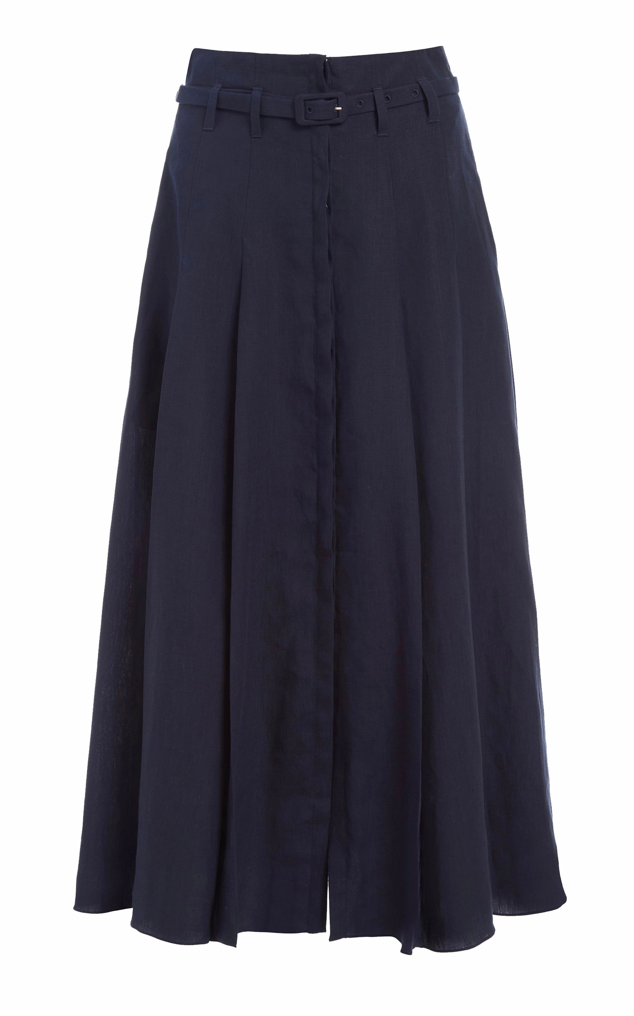 Style Essential Dugald Pleated Midi Skirt in Navy Aloe Linen