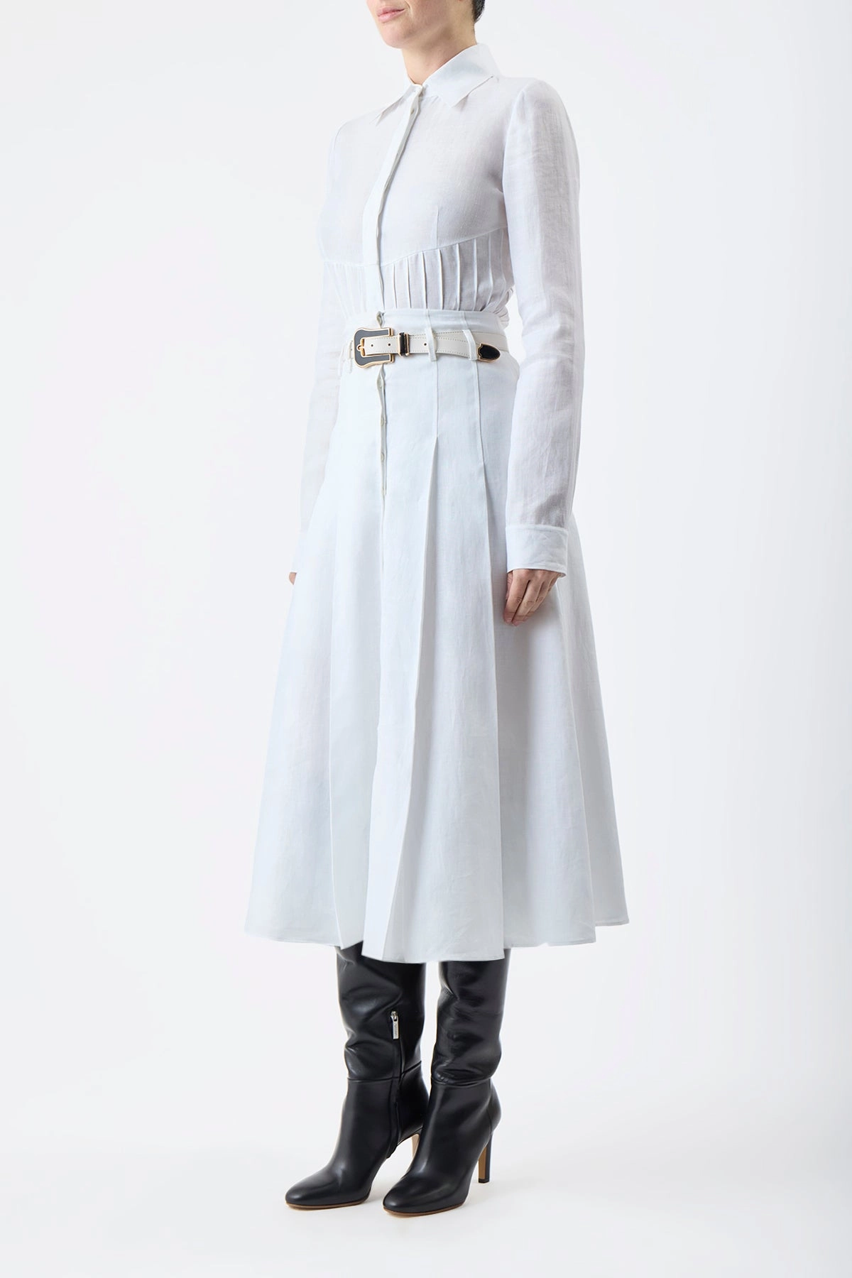 Dugald Pleated Midi Skirt in White Aloe Linen Luxury Feel