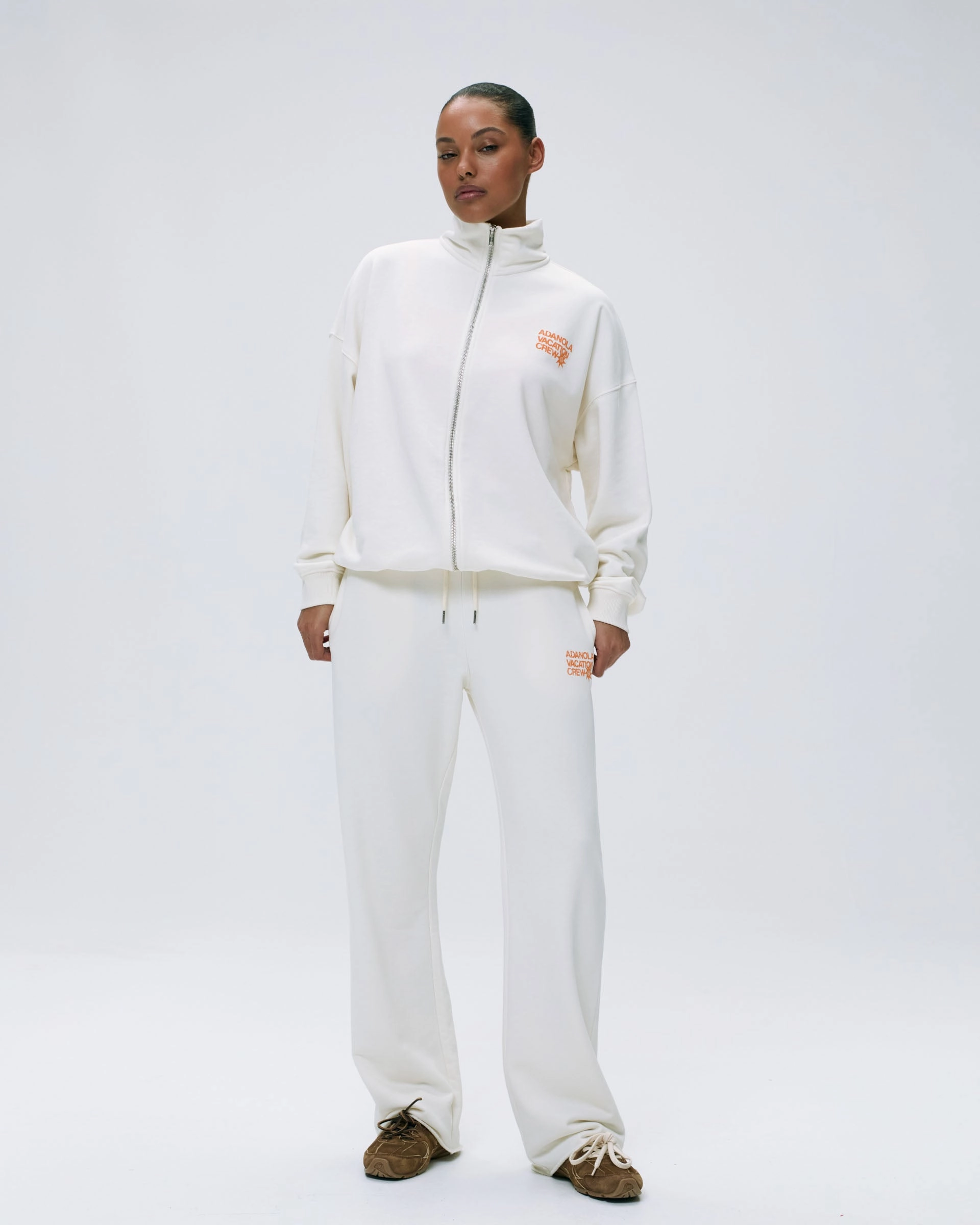 Sporty Layers Comfy Cut Vacation Raw Hem Straight Leg Sweatpants - Marshmallow White/Mango Orange