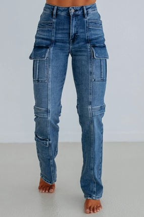 High Waist Crisp Look Tracey Hidden Cargo Jeans - Dark Wash