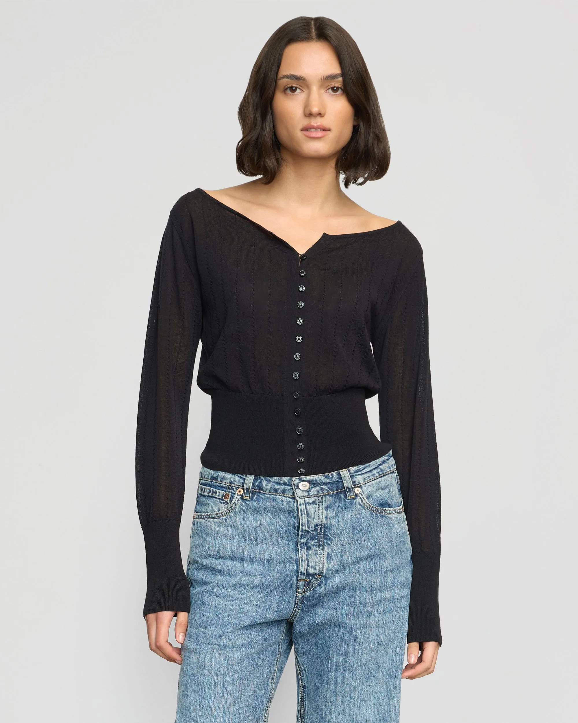 Chava Semi-Sheer Button Knit Top Quick Comfort Wear