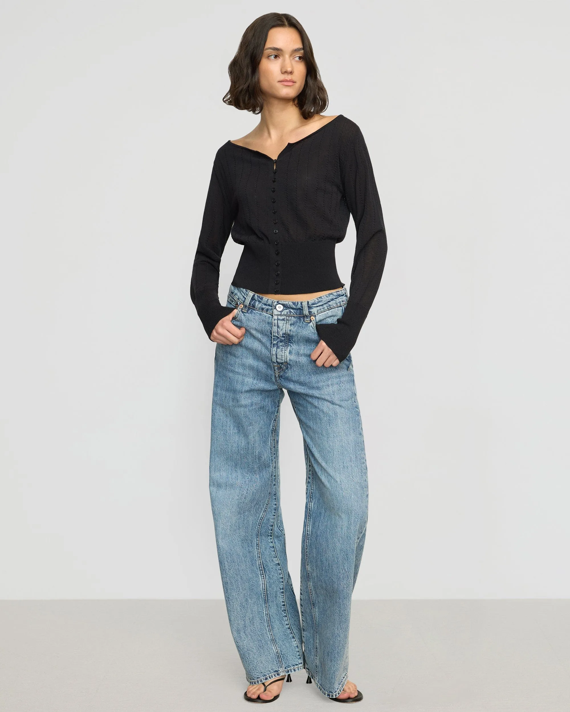 Stretchable Comfort Fashion Forward Chava Semi-Sheer Button Knit Top