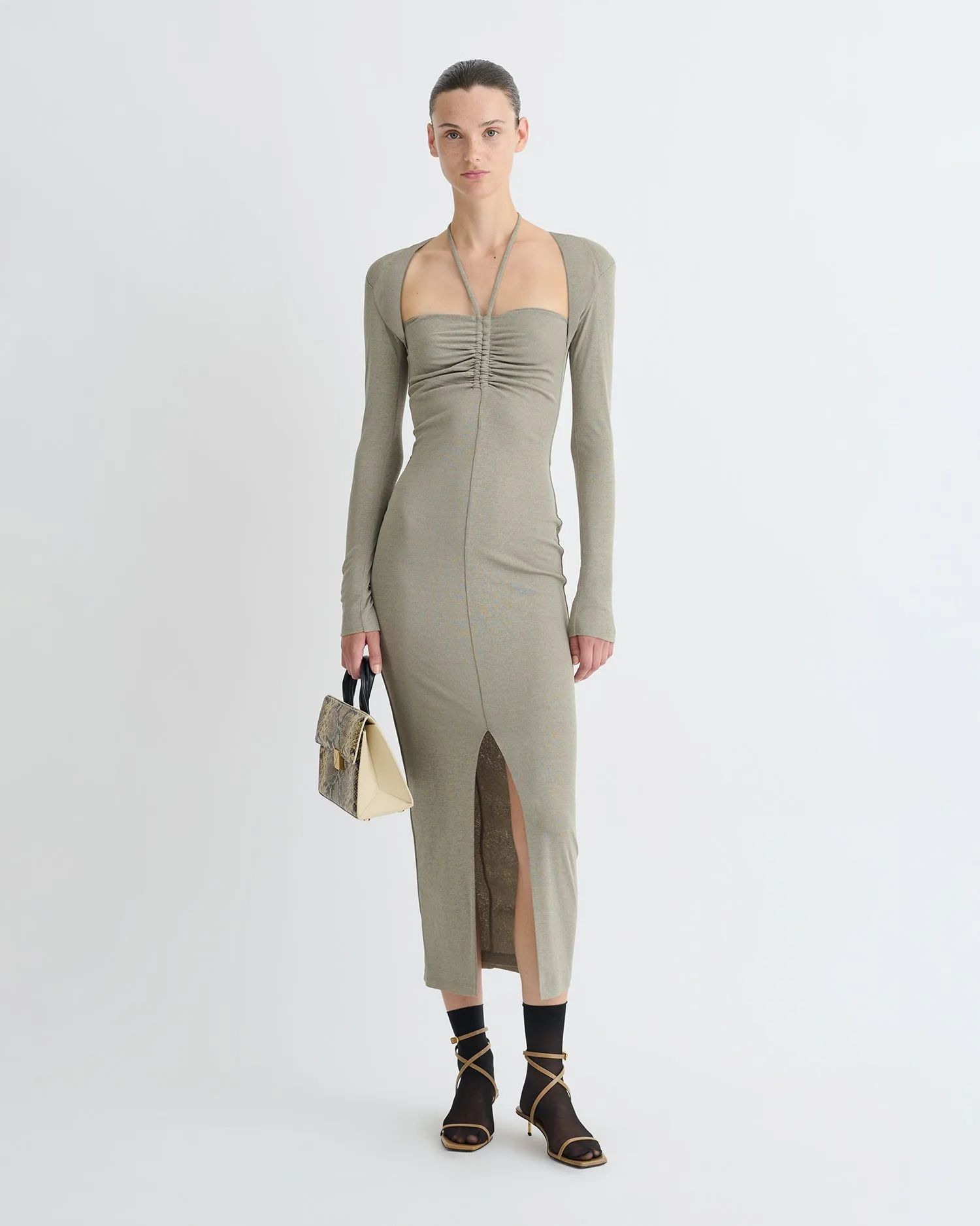 Aponi - Mesh Jersey Dress - Fog Modest Look