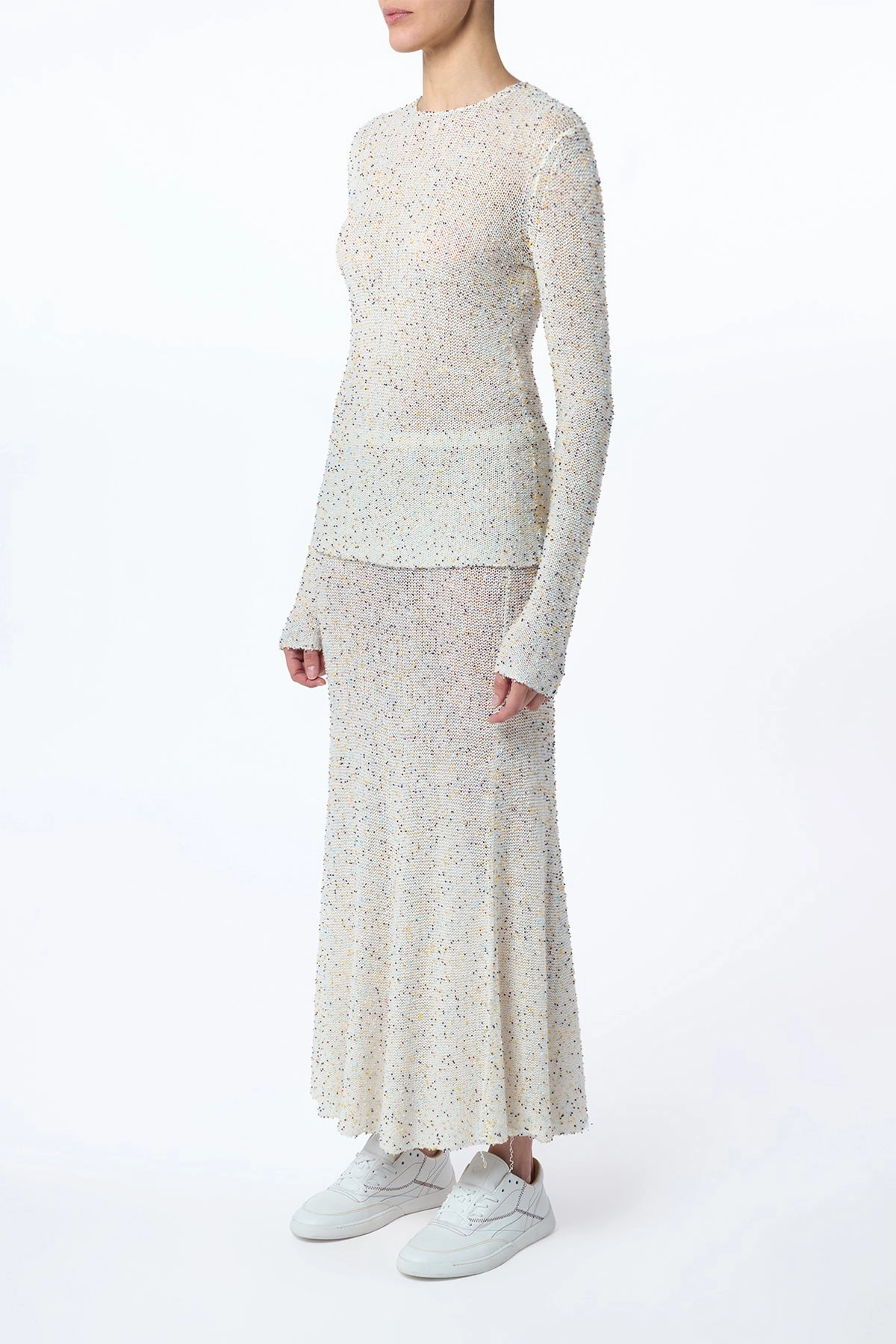 A Line Silhouette Adjustable Hem Sabine Knit Maxi Skirt in Ivory Multi Beaded Cashmere