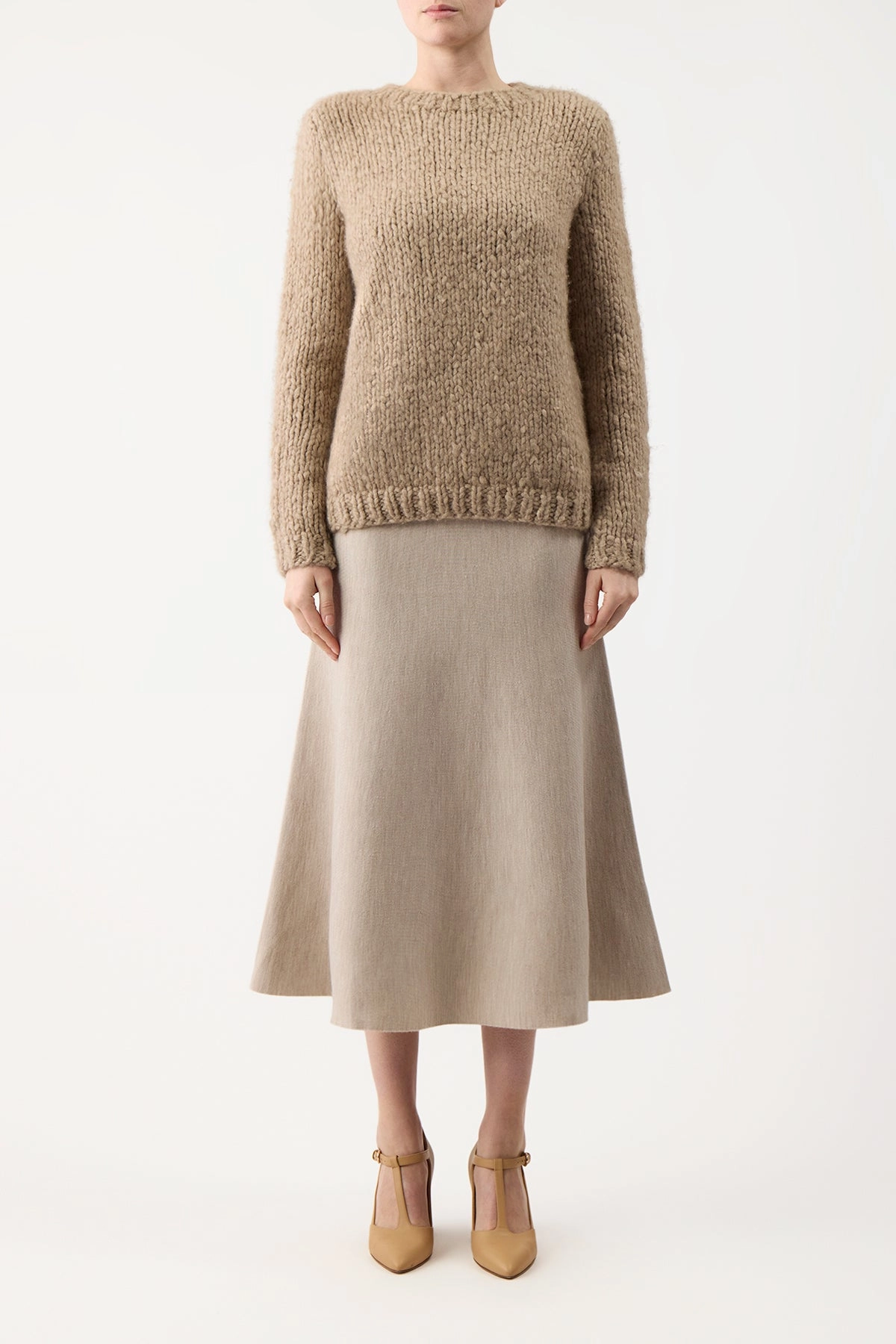 Freddie Knit Midi Skirt in Oatmeal Merino Wool Cashmere Formal Event