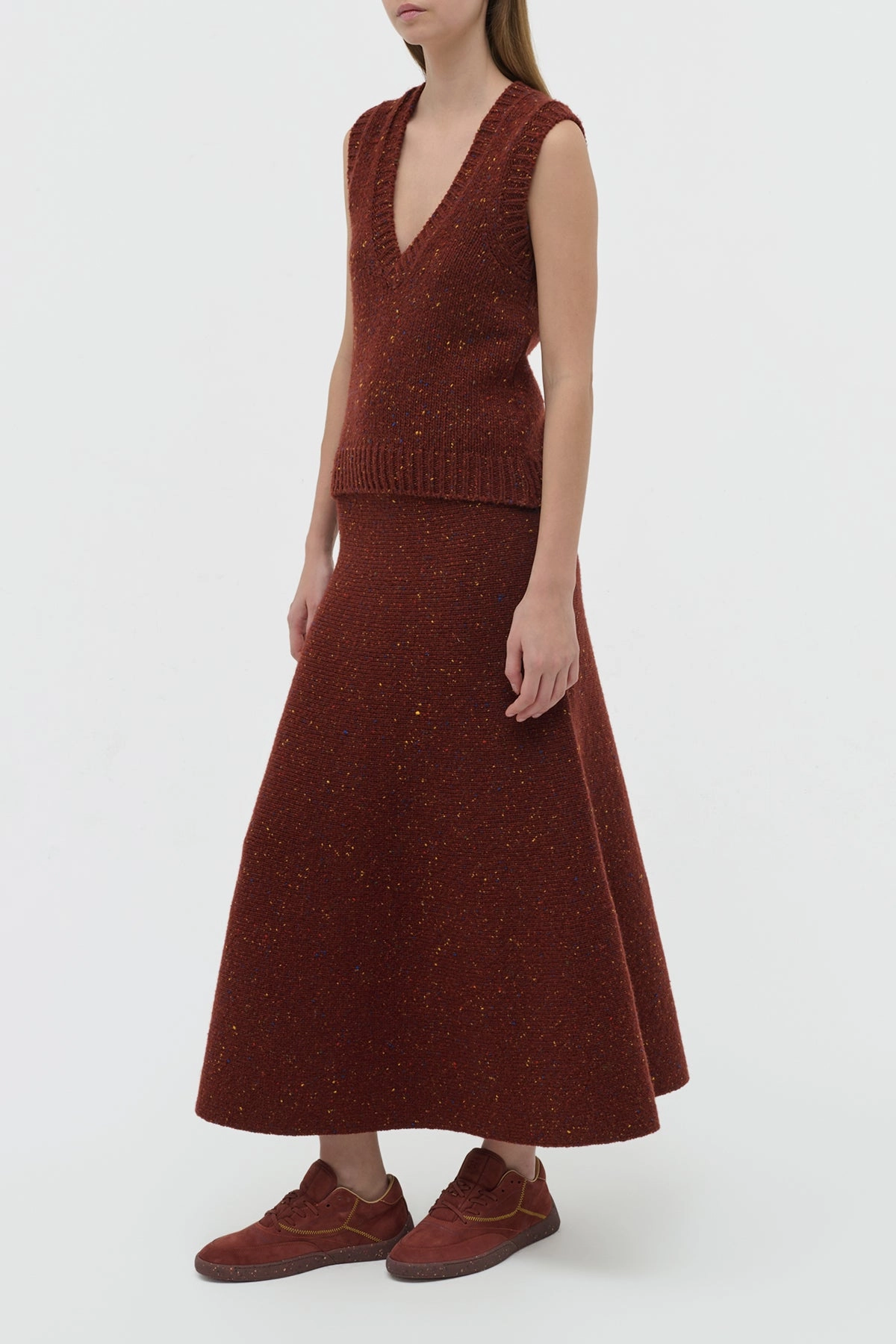 Eden Knit Maxi Skirt in Burnt Sienna Multi Speckle Cashmere Soft Texture Gathered waist