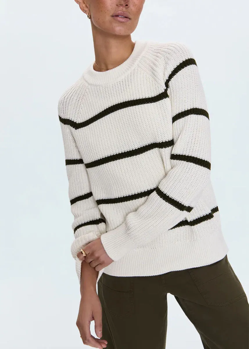 Edie Raglan Crewneck Sweater - Olive Stripe Comfy Stretch Wear Odor Resistant Material