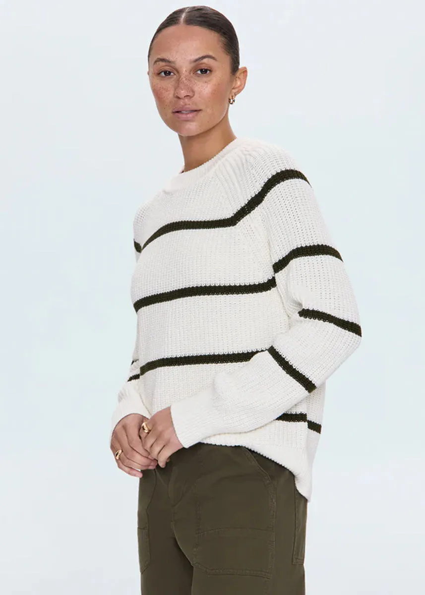 Edie Raglan Crewneck Sweater - Olive Stripe Cozy And Warm Snuggle Comfort