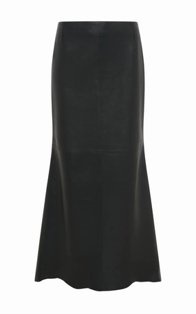 Contemporary Mood Edwardo Raw Cut Midi Skirt in Black Soft Leather