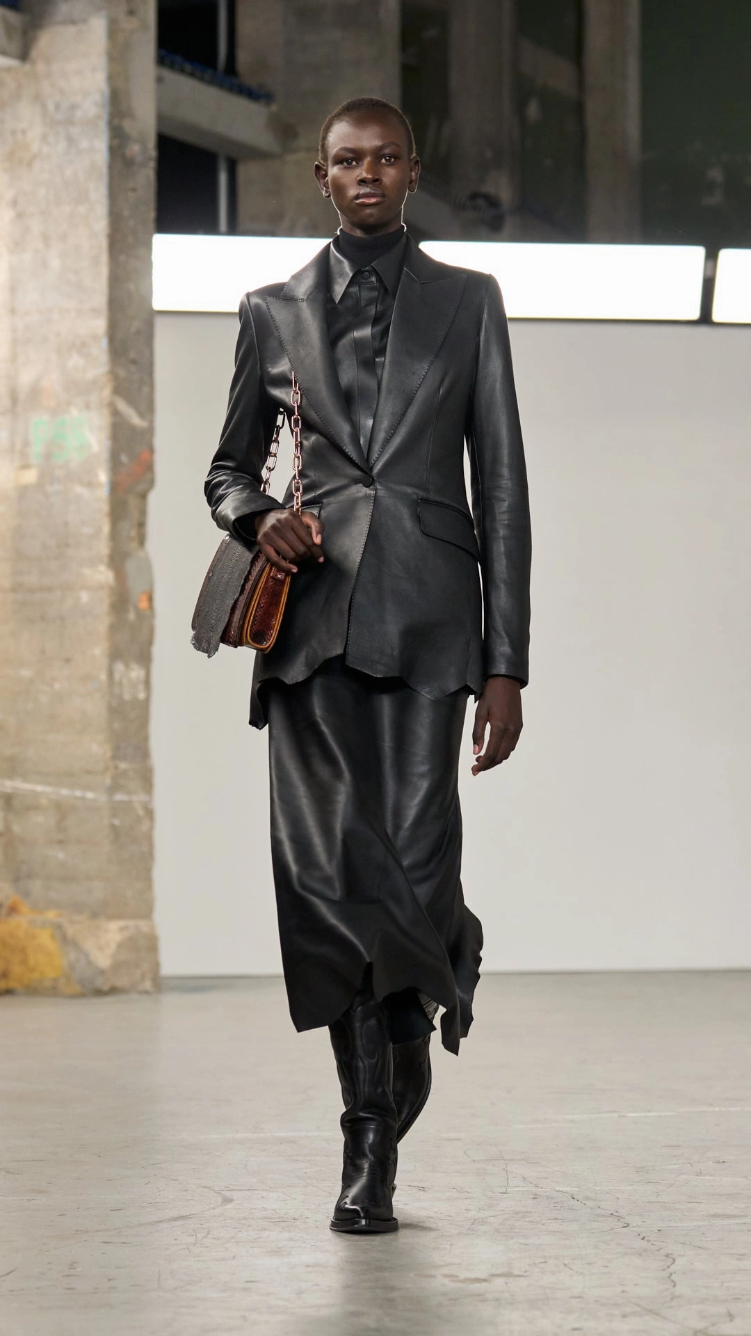 Edwardo Raw Cut Midi Skirt in Black Soft Leather Two Tone Trim Retro Style