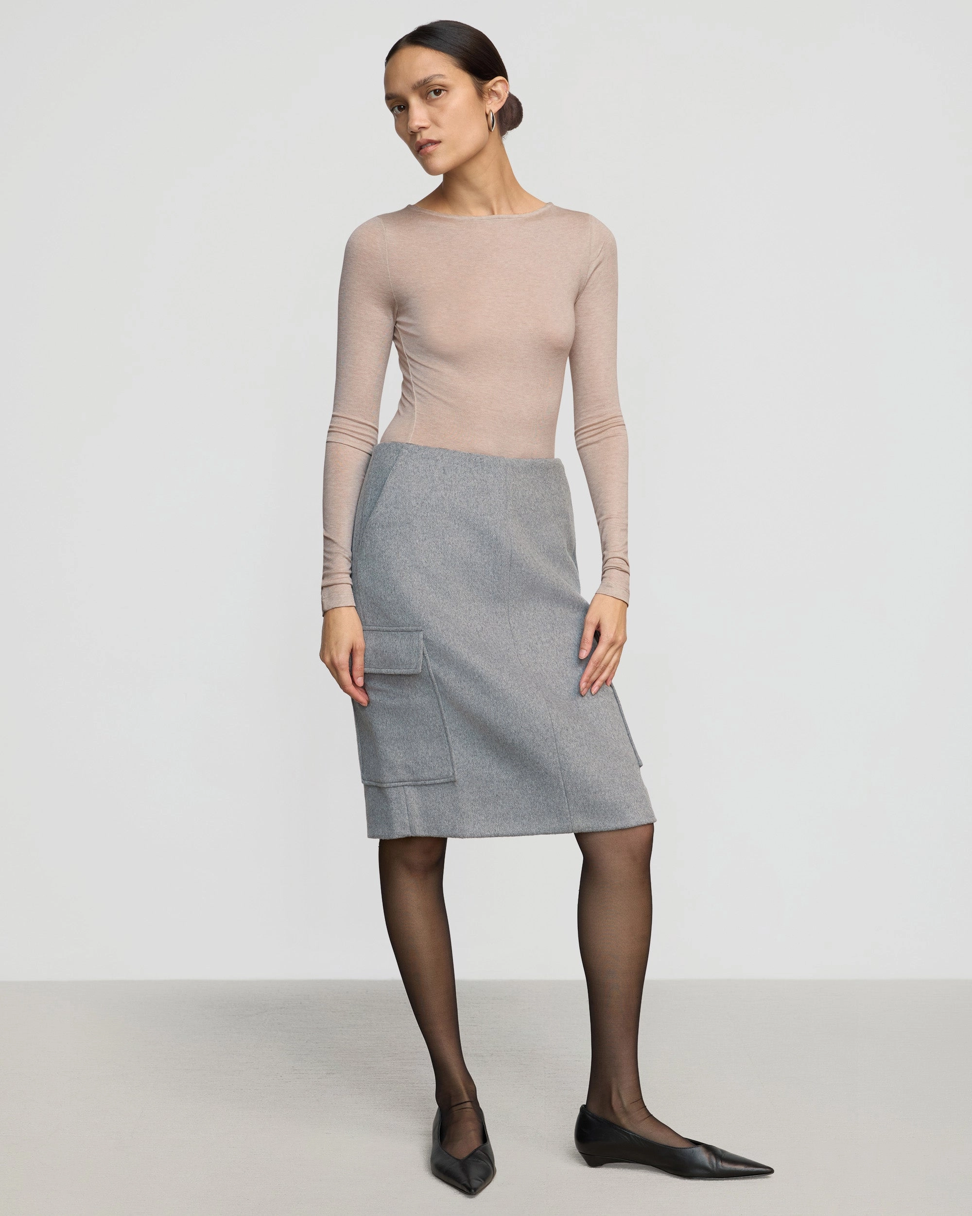 Shape Enhancing Matte Texture Felicia Wool Utility Midi Skirt