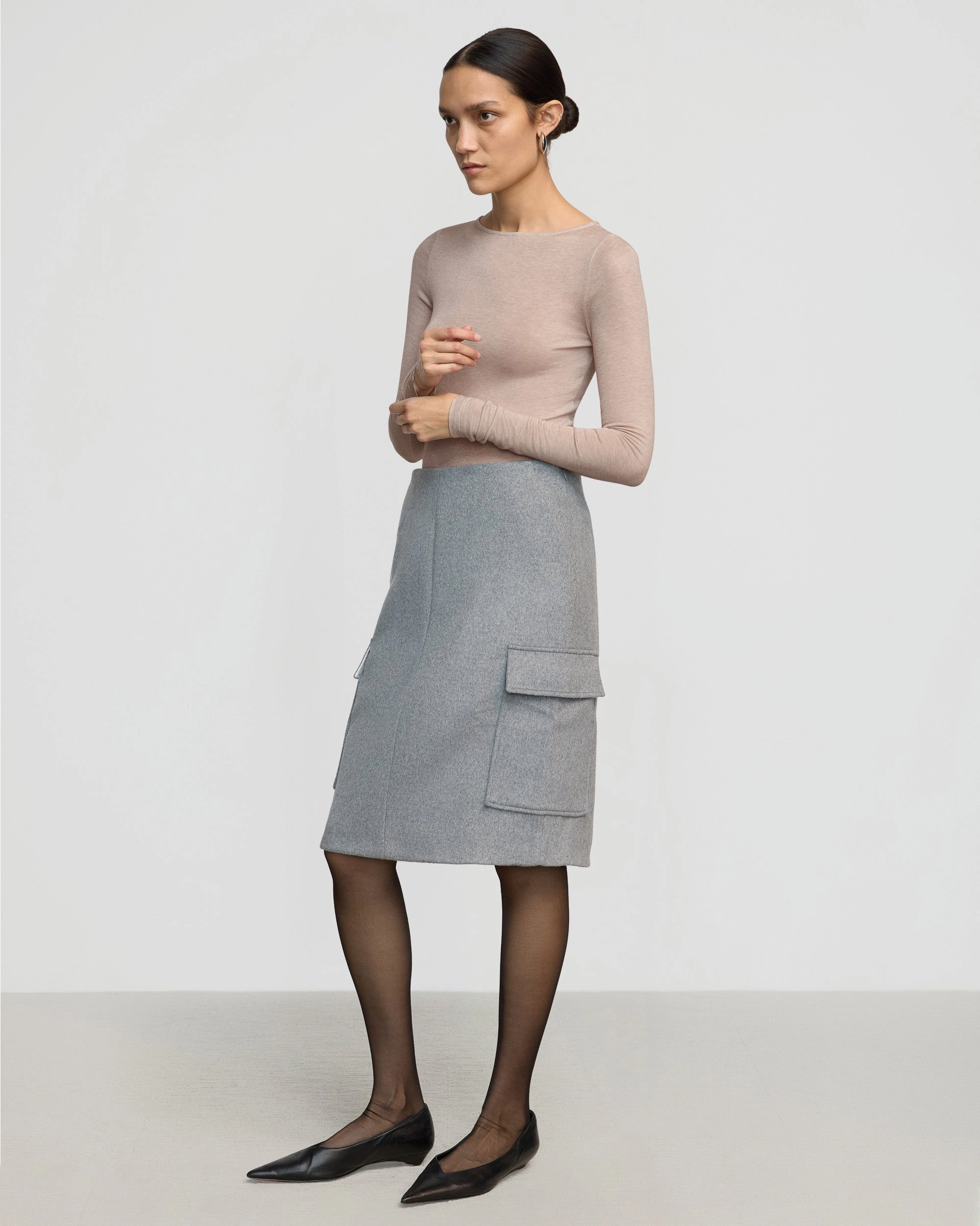 Felicia Wool Utility Midi Skirt Tagless label Crisp Details