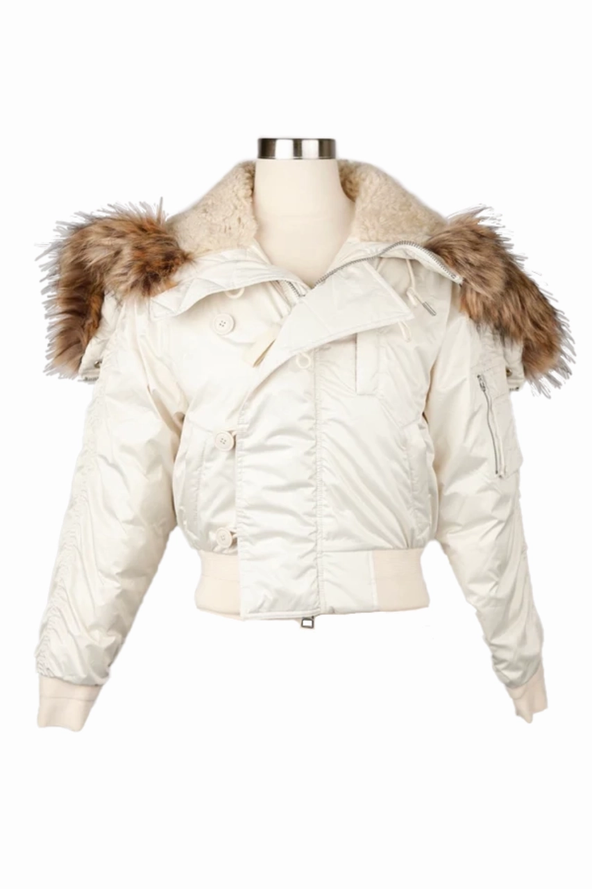 TemperatureRegulating Tech RibbedKnitCollar Bomber Jacket With Fur Hood