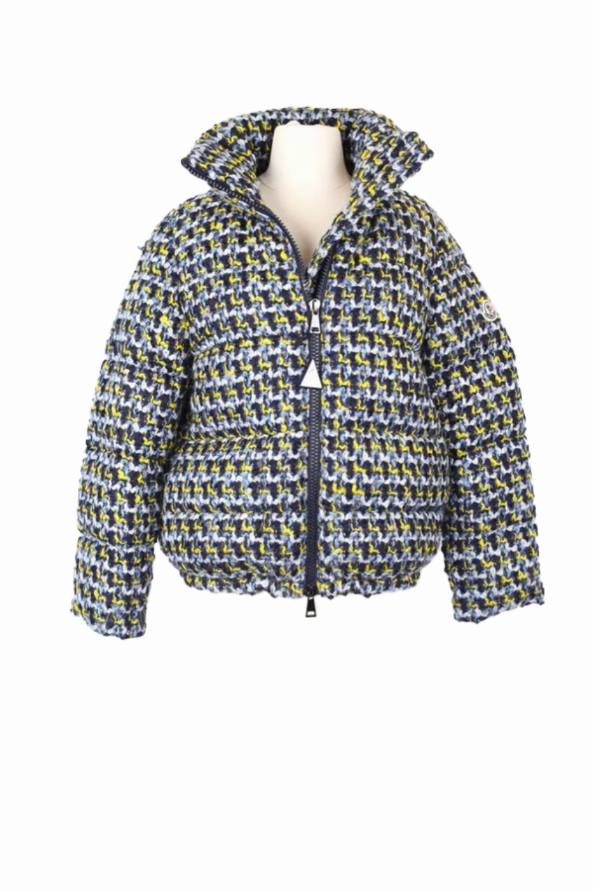 Elby Wool Tweed Down Puffer Jacket Cross Ventilation Panels Tagless Neckline Design