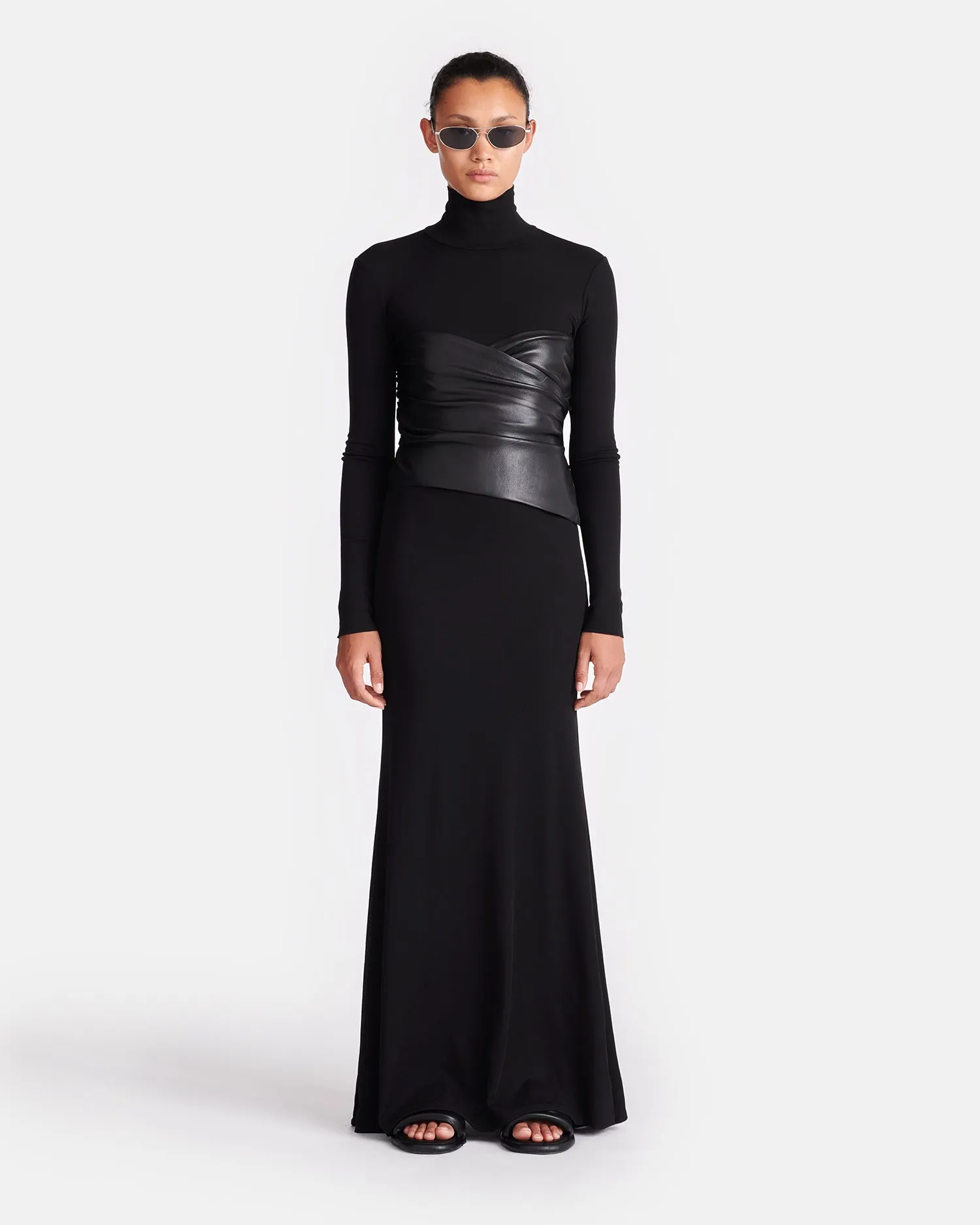 Style Moment Refined Finish Amabel - Mesh Jersey And Okobor? Alt-Leather Maxi Dress - Black