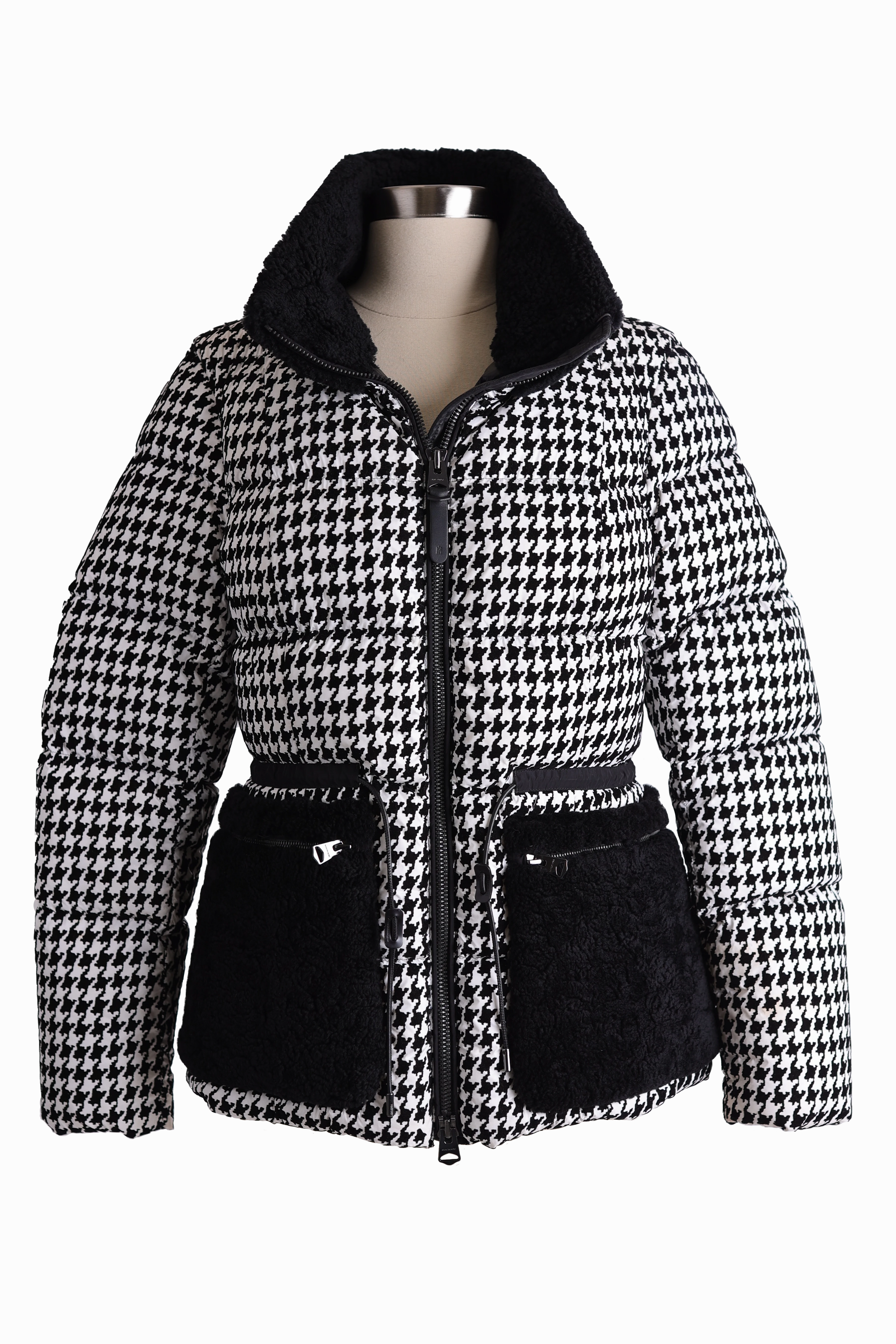 MultiPocket Configuration Elise Shearling Trim Houndstooth Down Puffer Jacket