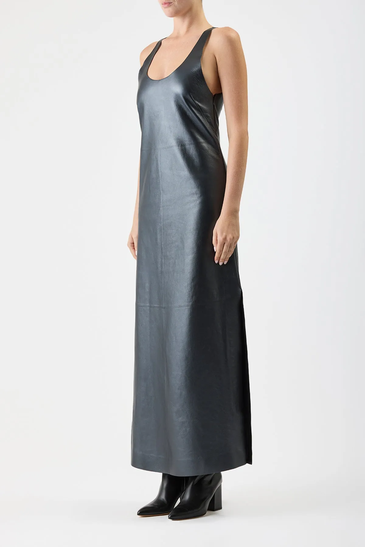 Ellson Maxi Dress in Black Metallic Nappa Leather Profile Enhancer Work or Casual