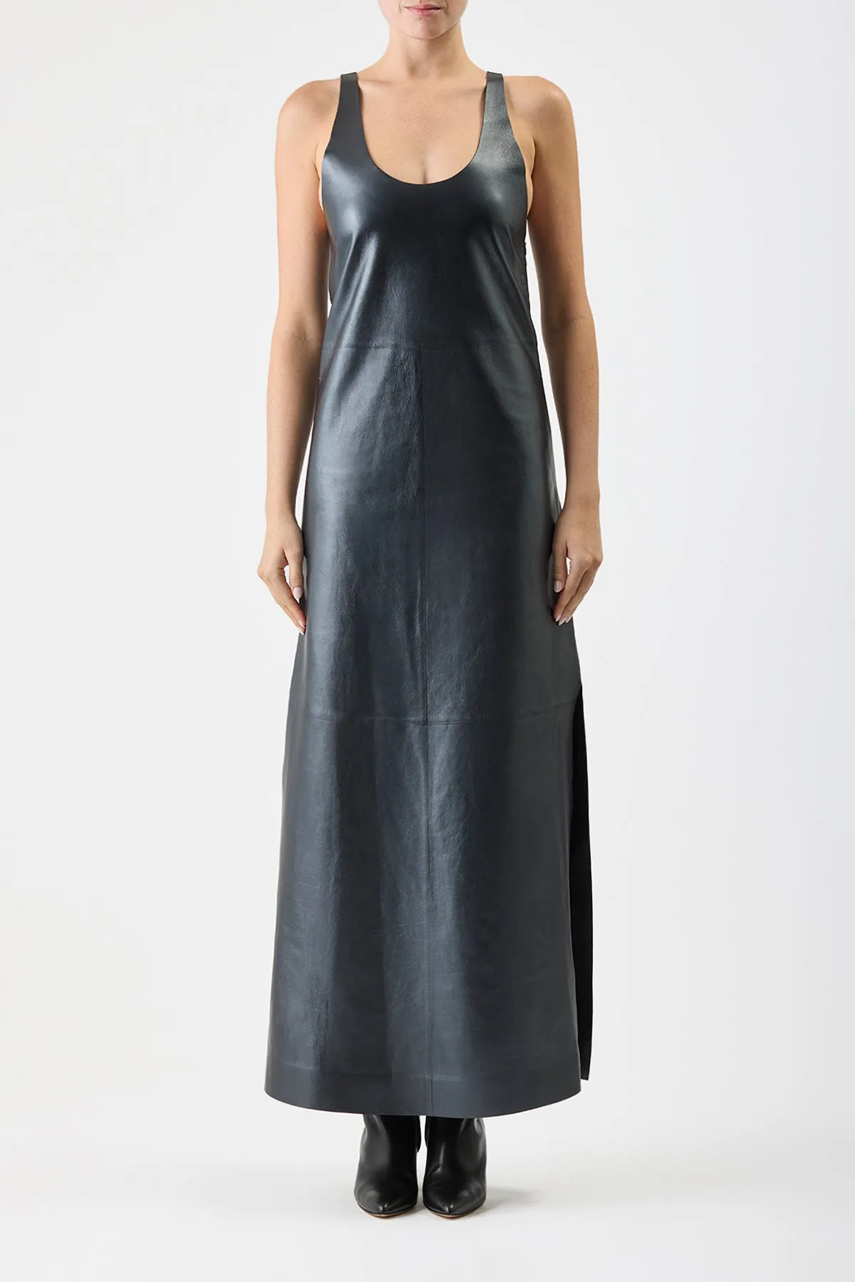 Ellson Maxi Dress in Black Metallic Nappa Leather Eco-Lining