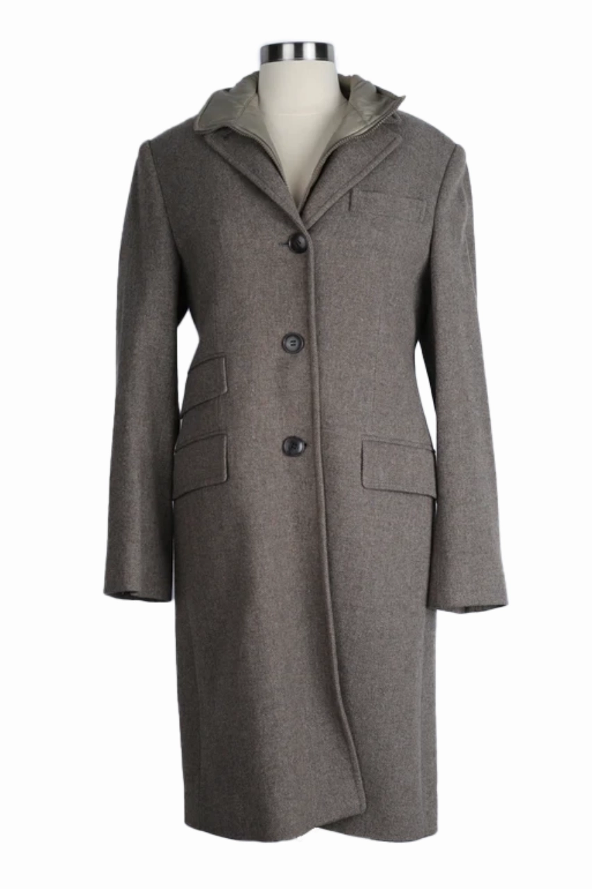 Low Profile Fastening Subtle Texture Herringbone Dress Coat W/ High Neck Insert