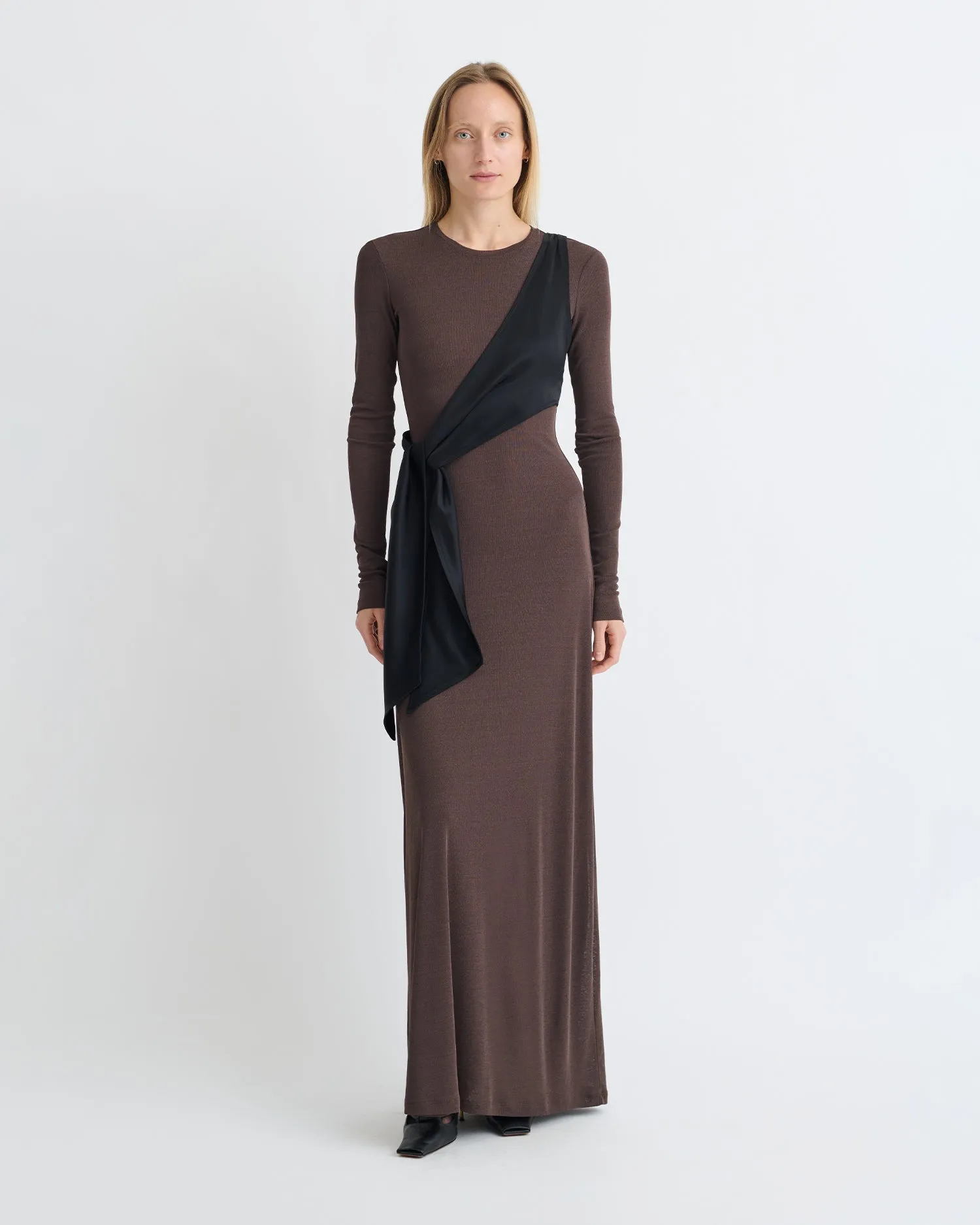 Yura - Mesh Jersey/Slip Satin Long Dress - Dark Oak/Black Vibrant Aesthetic