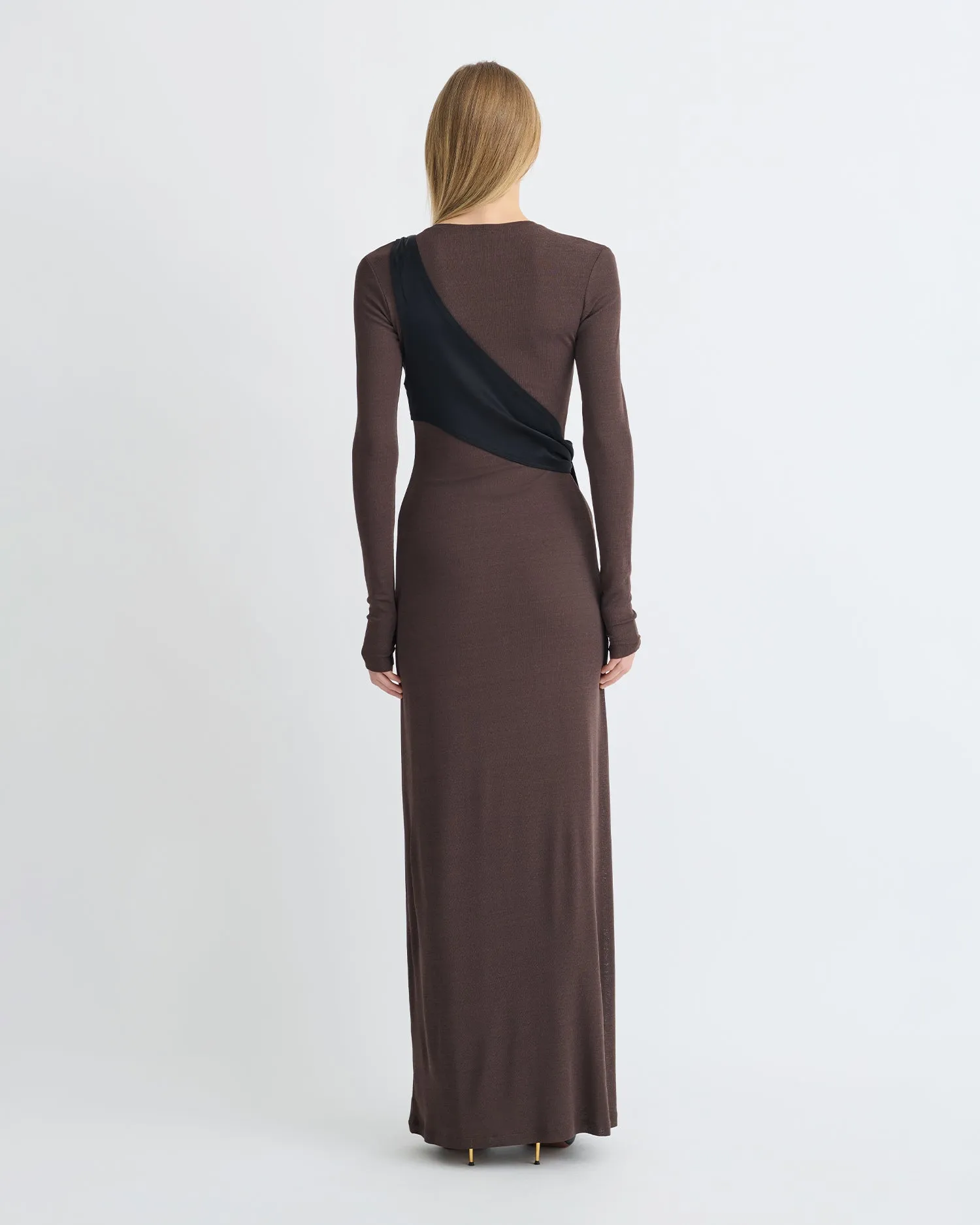 Yura - Mesh Jersey/Slip Satin Long Dress - Dark Oak/Black Off-Shoulder Work or Play