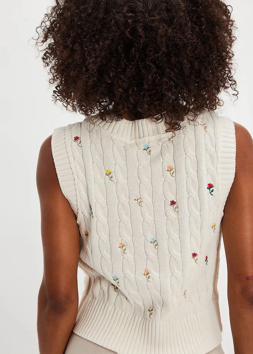 Warm Layer Fit Plumeria Floral Sweater Vest - Ivory Combo