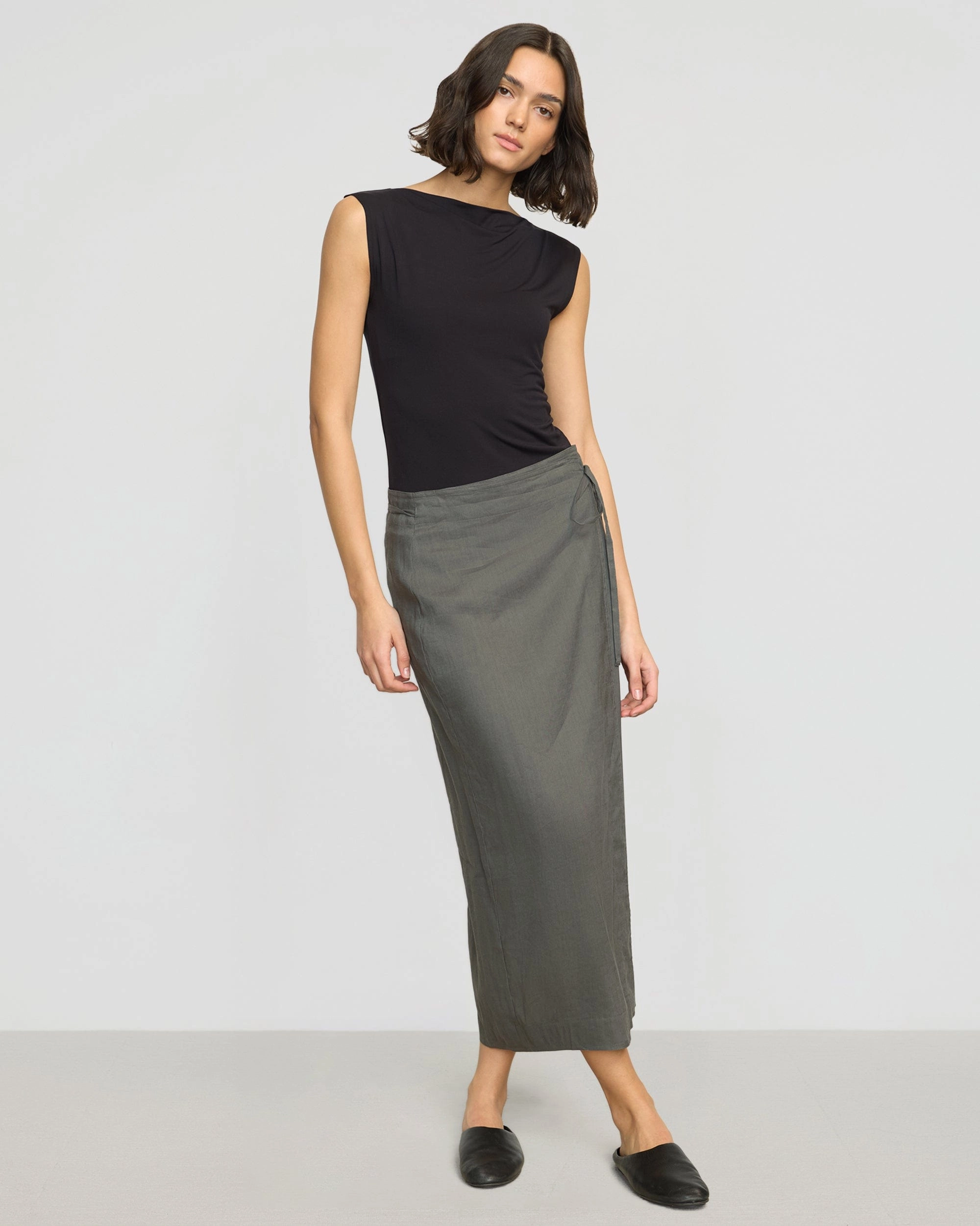 button detail raw hem Ellie Linen Maxi Wrap Skirt