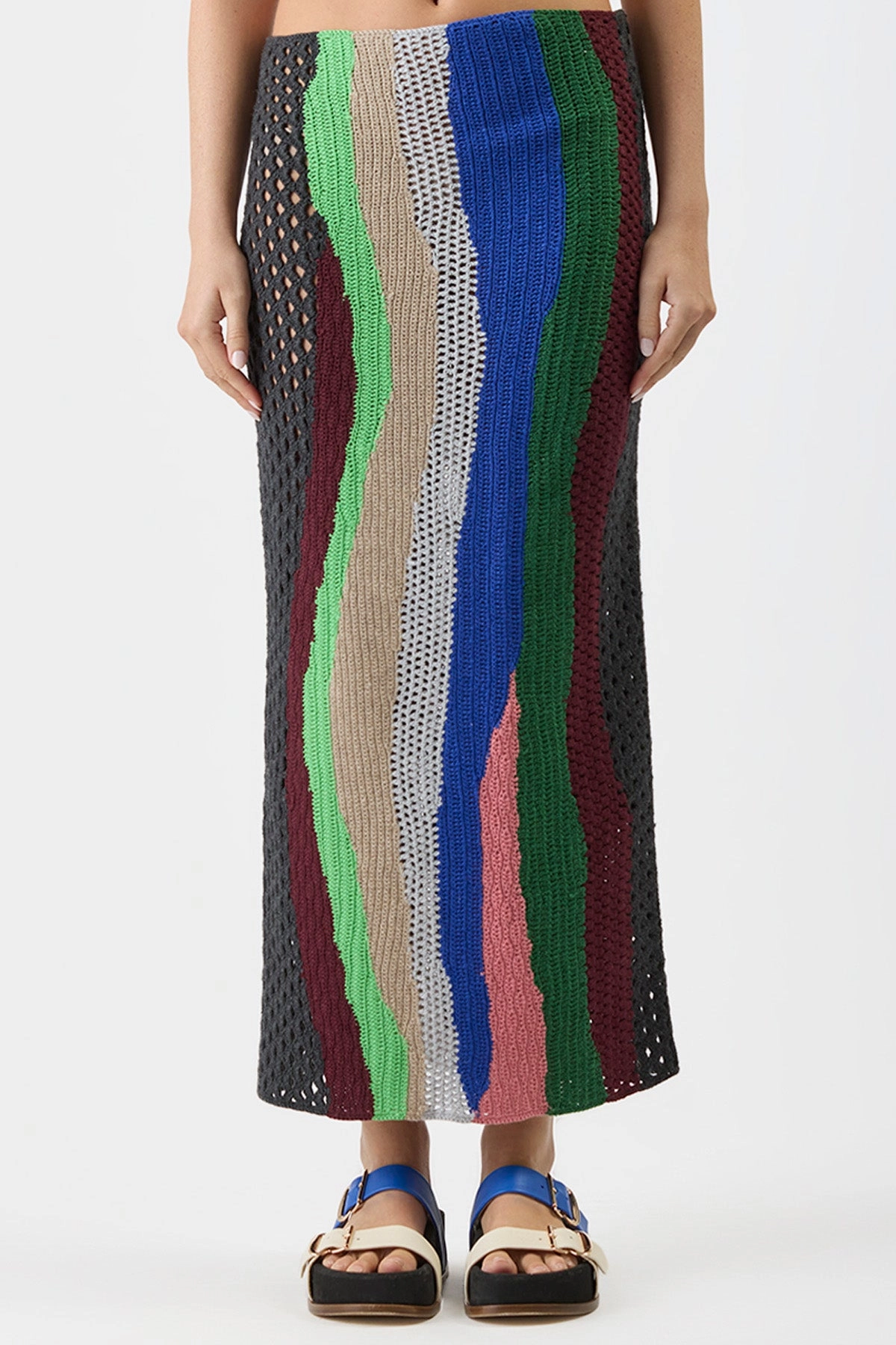 Fatima Crochet Maxi Skirt in Multi Cashmere Roll Up Fasten Elegant Look