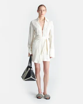 Yori - Seersucker Gauze Shirt Dress - White Flared-Hem