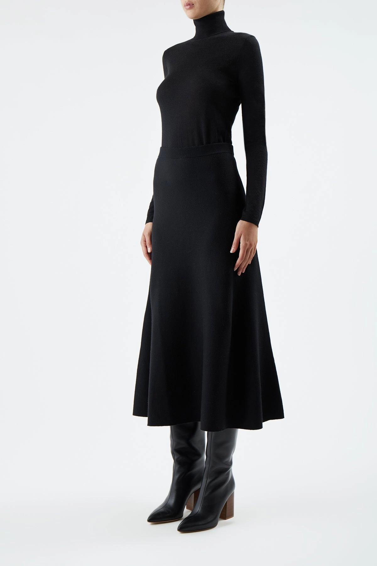Freddie Knit Midi Skirt in Black Merino Wool Cashmere Clean Cut Graceful Look