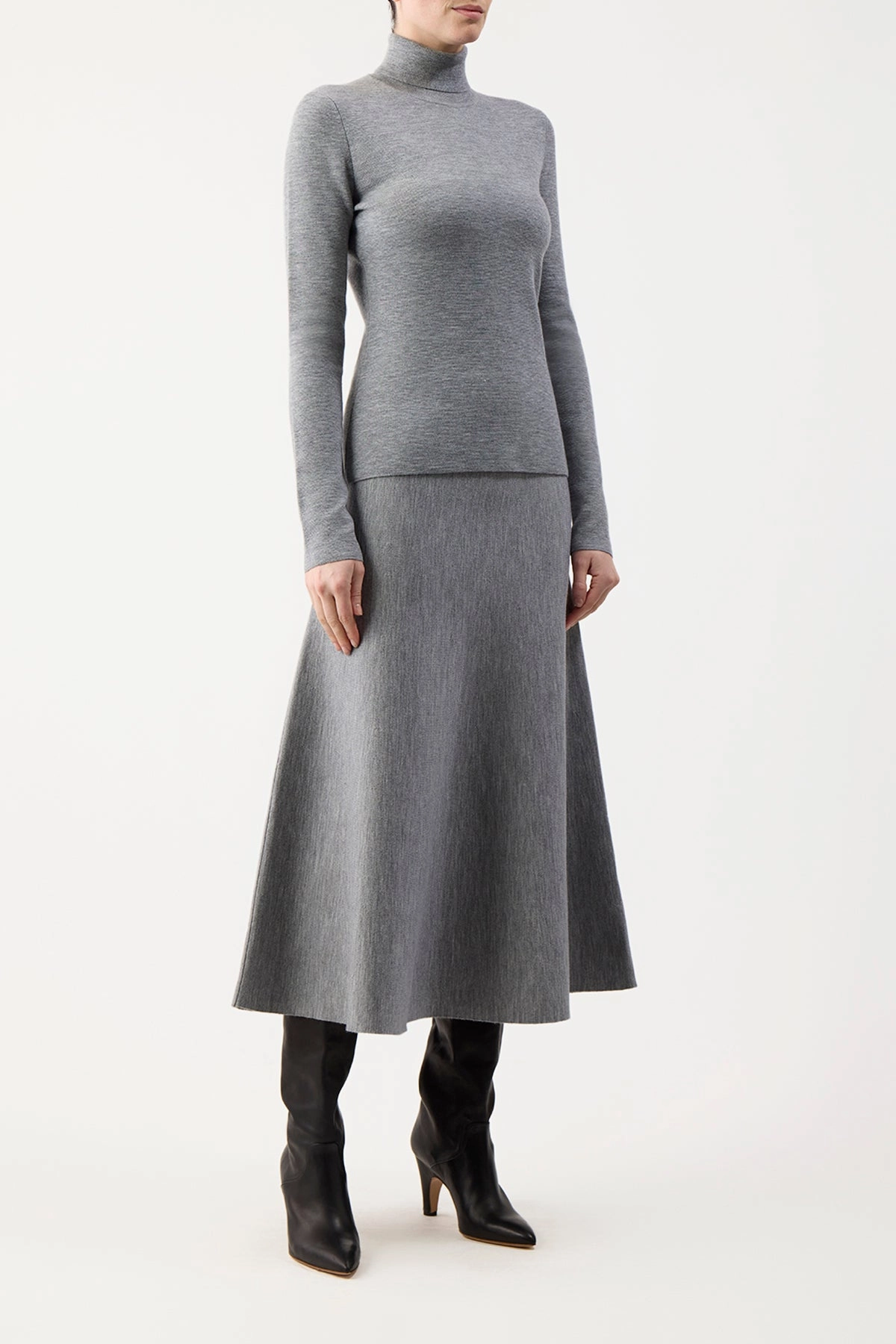 Freddie Knit Midi Skirt in Heather Grey Merino Wool Cashmere Outfit Moodset Refined Finish