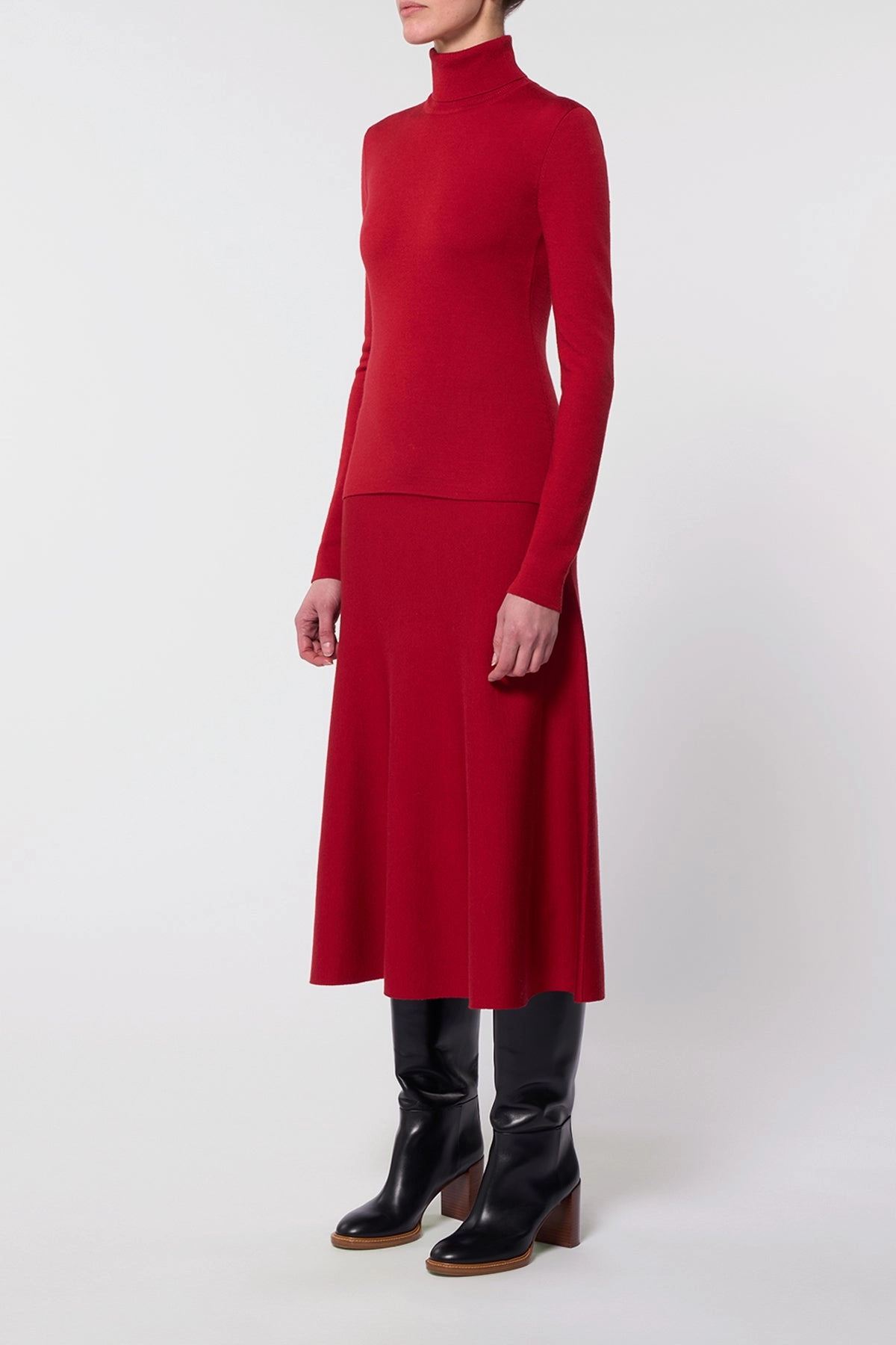 Freddie Knit Midi Skirt in Scarlet Red Merino Wool Cashmere Clean Style Ankle length