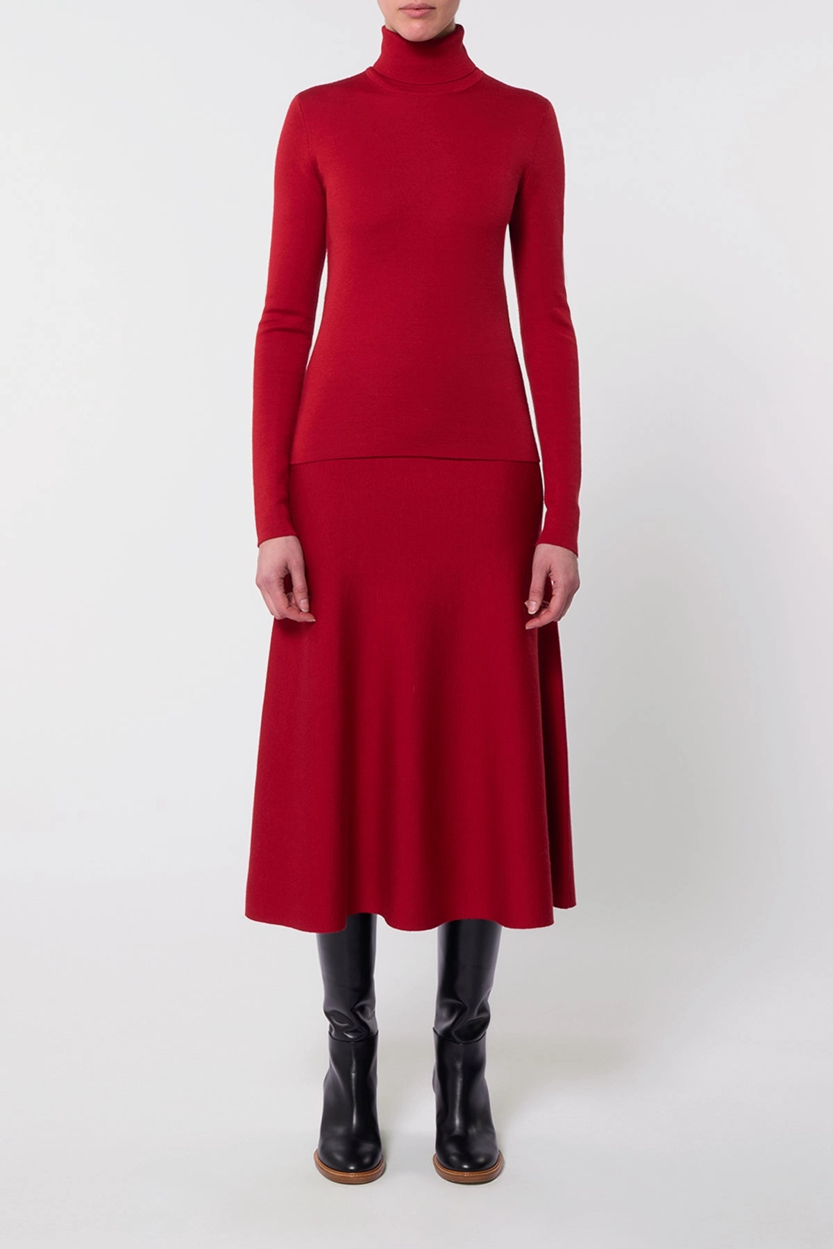 Freddie Knit Midi Skirt in Scarlet Red Merino Wool Cashmere Adjustable Ties Soft Movement