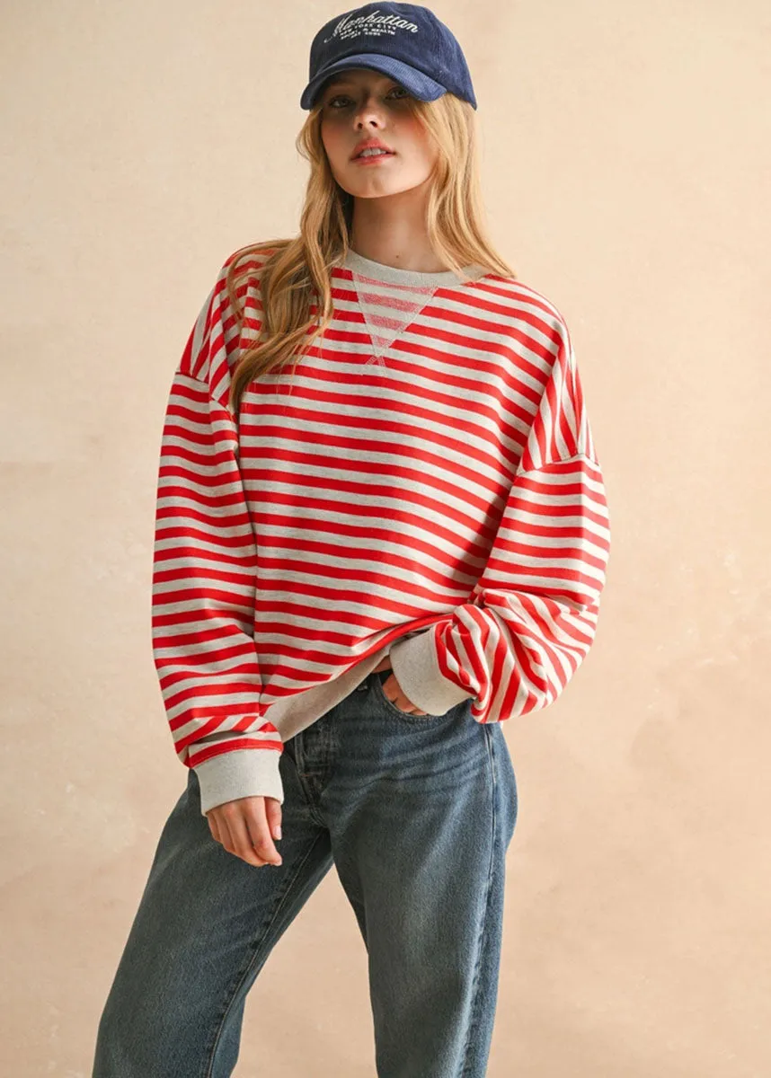 Comfy Waistband Flexible Collar Opening Freya Striped Knit Pullover - Red & Heather Grey