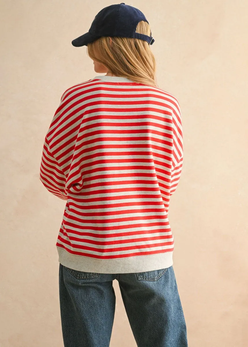 Yarn Dyed Fabric Freya Striped Knit Pullover - Red & Heather Grey