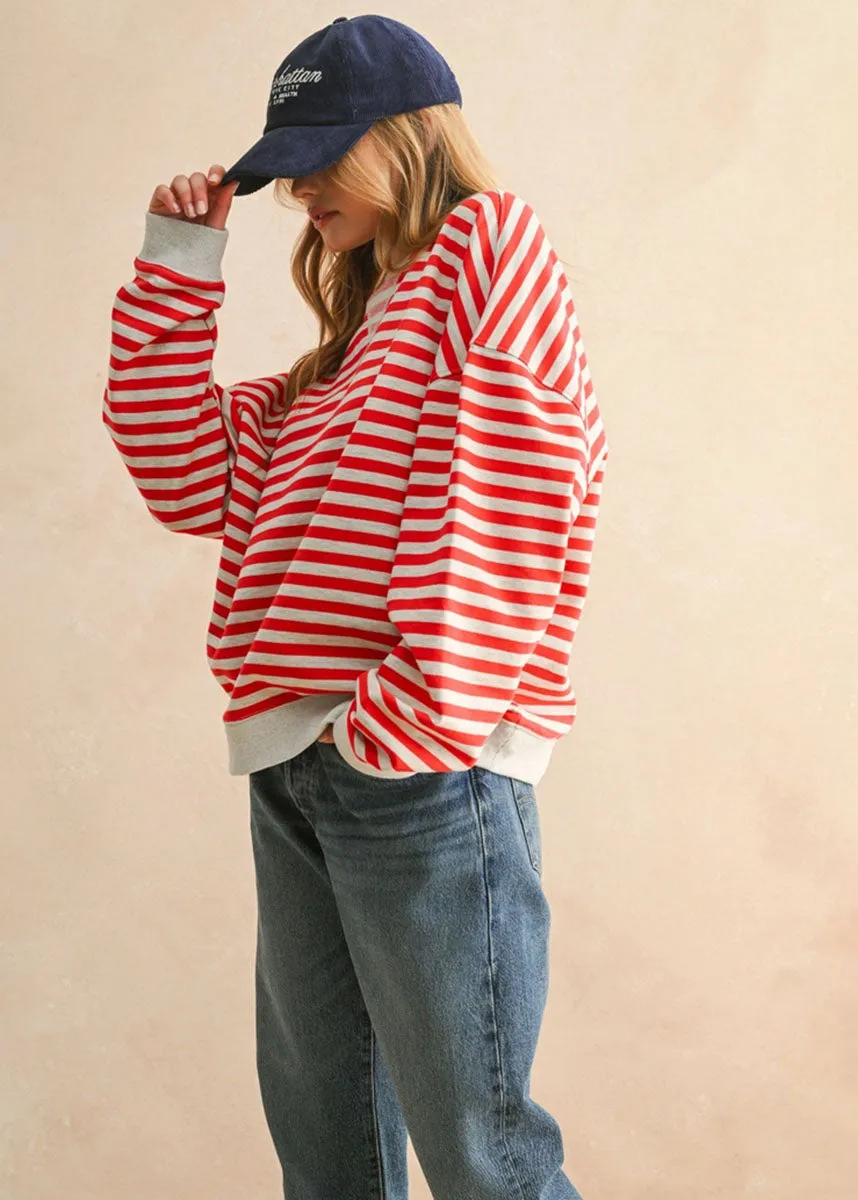 Freya Striped Knit Pullover - Red & Heather Grey All-Day Wear