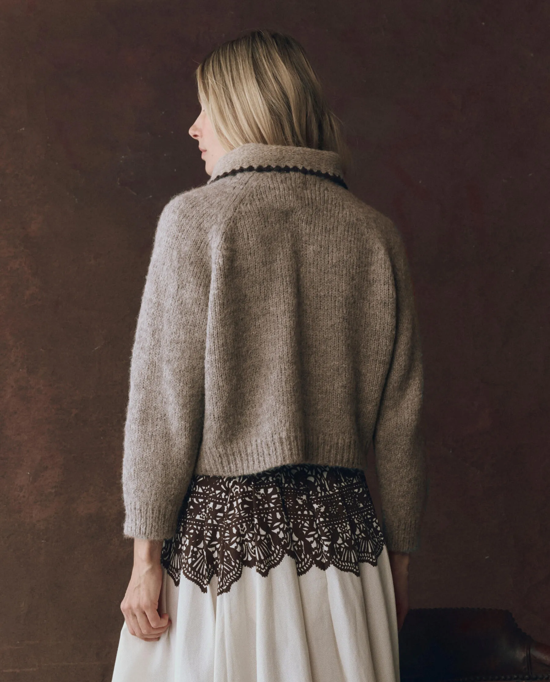 Classic Winter Basic Must-Have The Crochet Collar Pullover. -- Oat with Brown