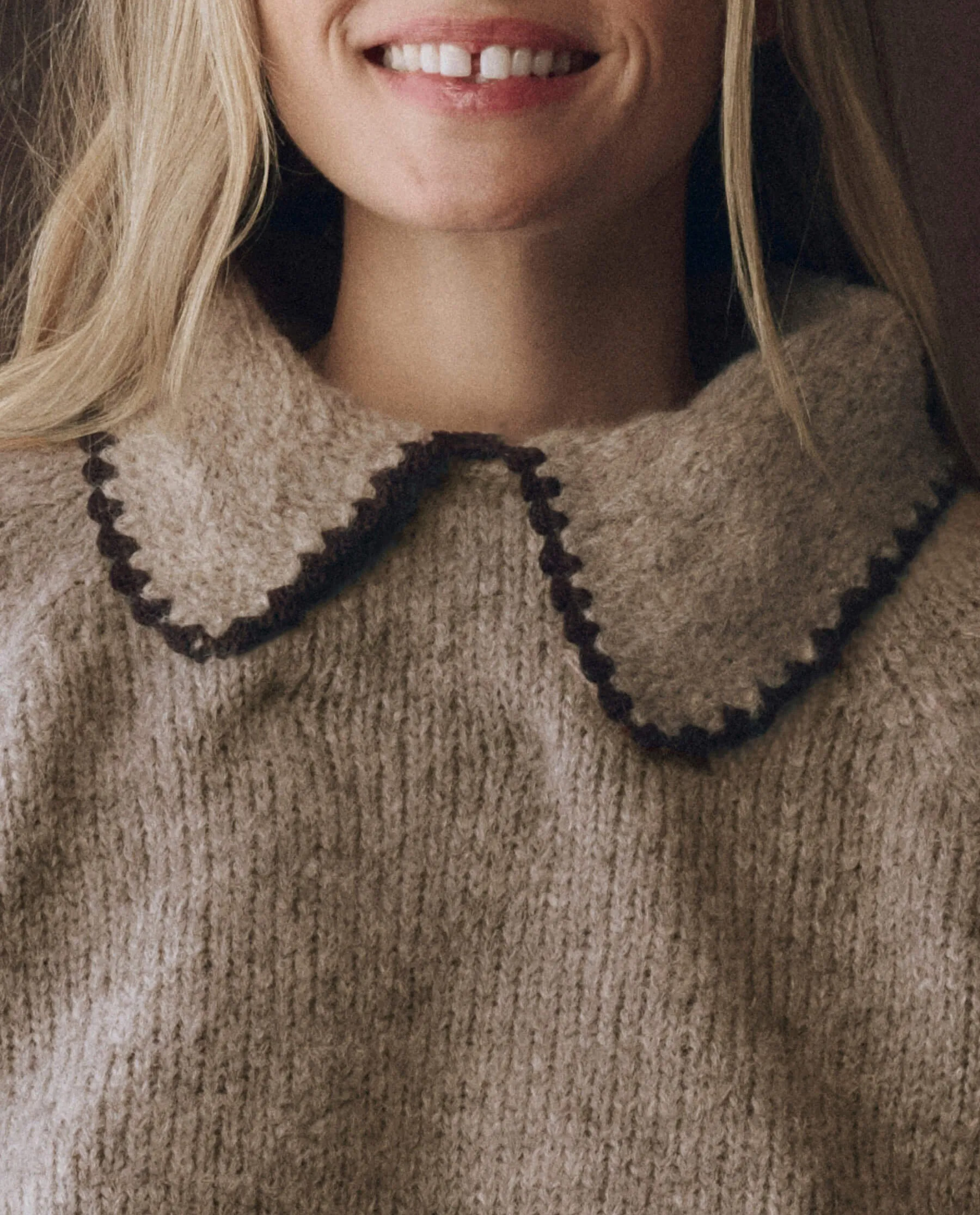 Loopback Fabric The Crochet Collar Pullover. -- Oat with Brown