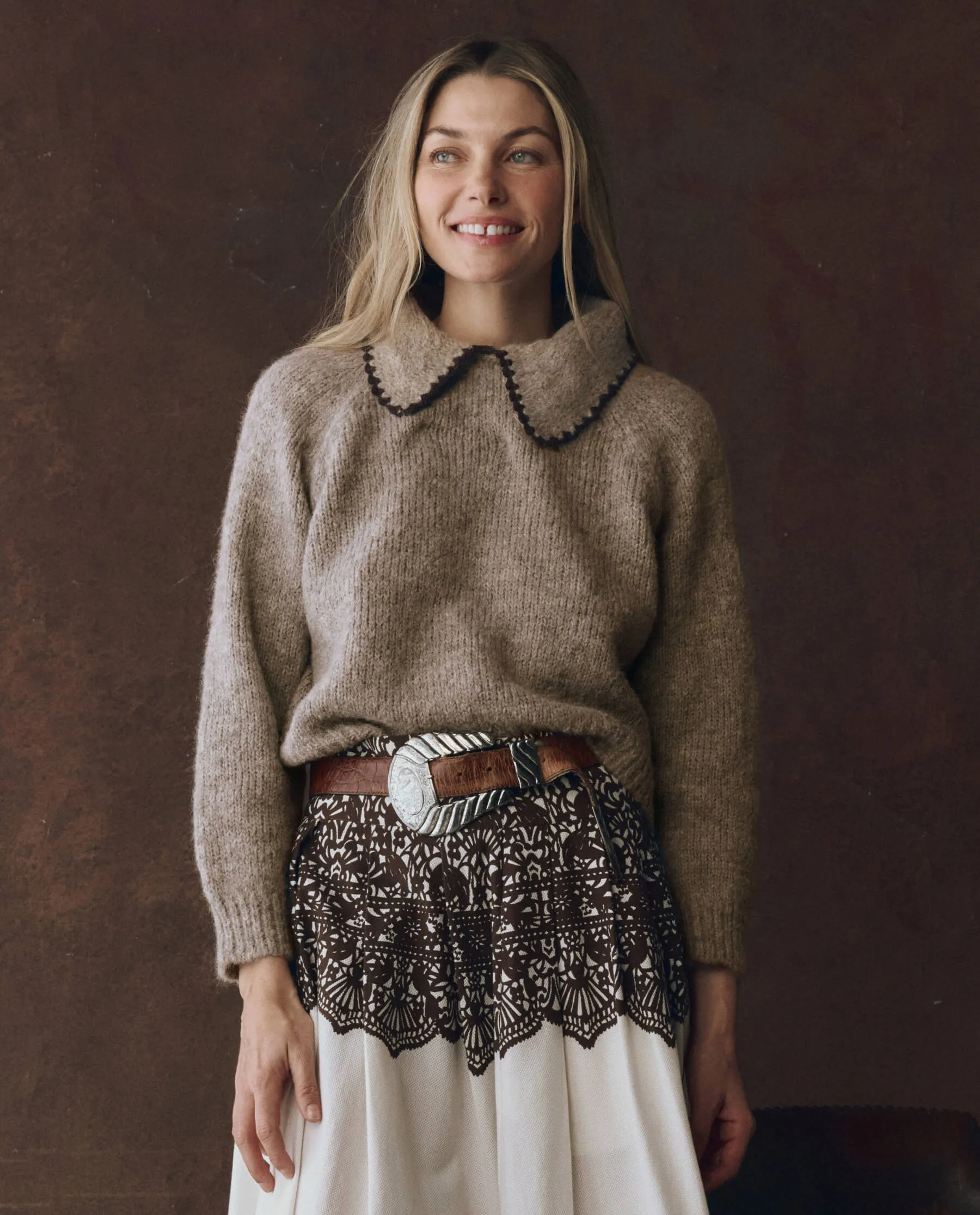 Allergen Free Processing The Crochet Collar Pullover. -- Oat with Brown