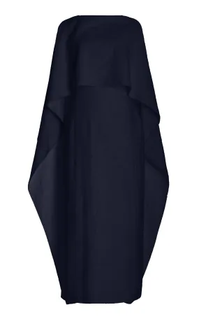 Flutter-Sleeve Hunter Dress in Dark Navy Cashmere Silk