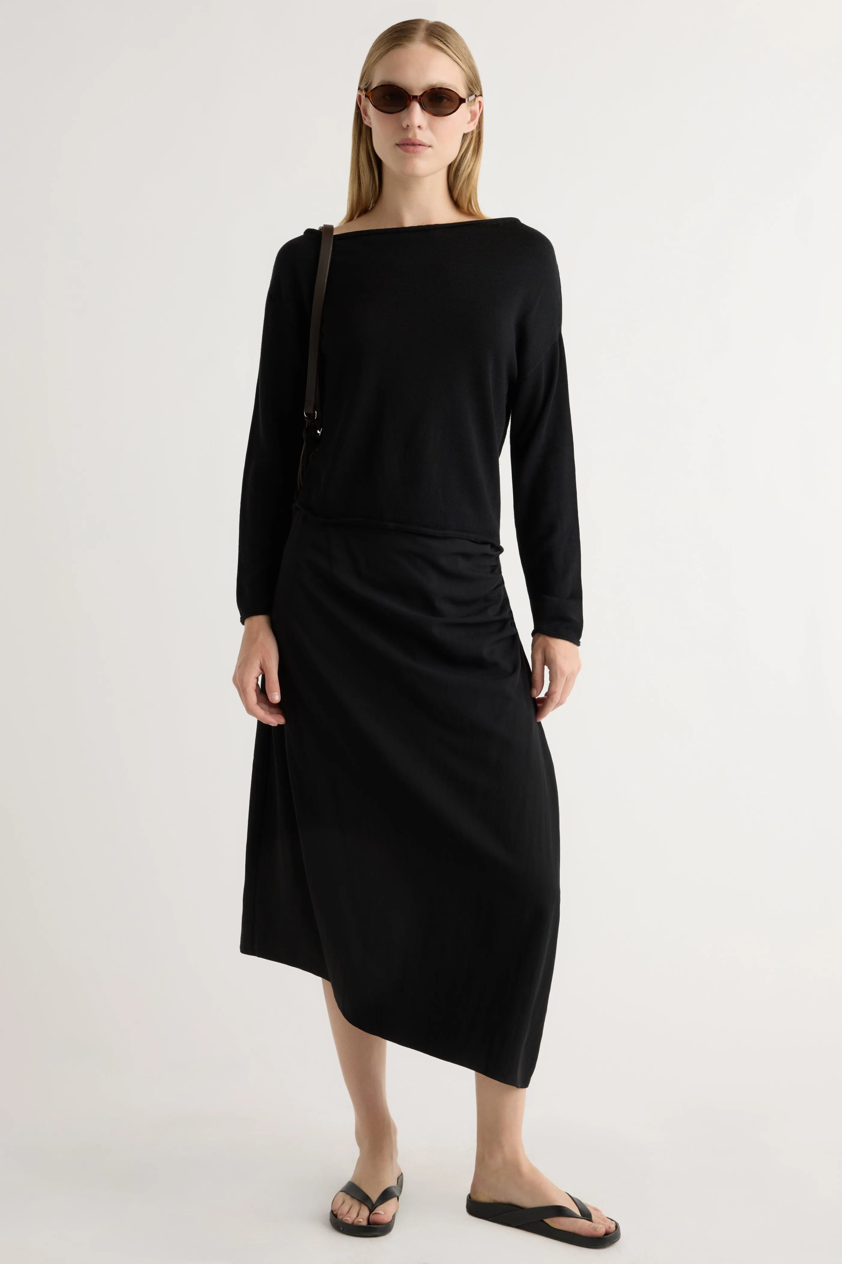 Stretchy Layers Ribbed Hem Detailing Hachi Tencel-Wool Off-Shoulder Sweater