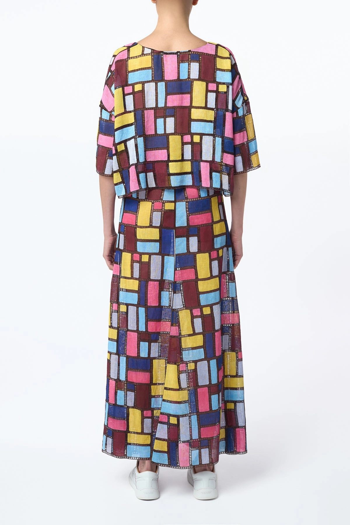 Versatile Fit Selma Patchwork Embroidered Maxi Skirt in Aurora Multi Linen